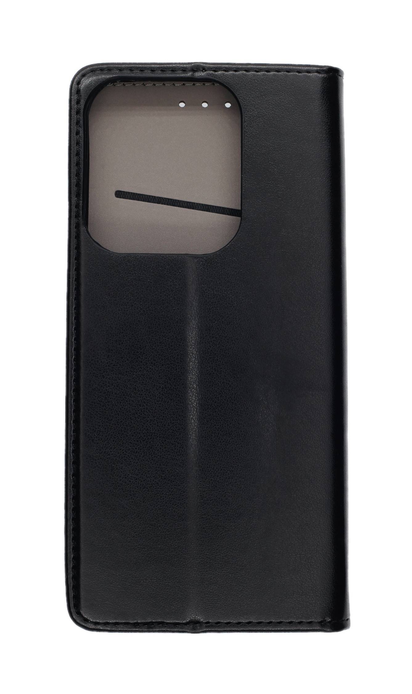 Ein schwarzes Ledersmartphone-Etui mit einem Ausschnittfenster, das einen Teil des grauen Interieurs zeigt, wahrscheinlich für die Kartenspeicherung konzipiert.