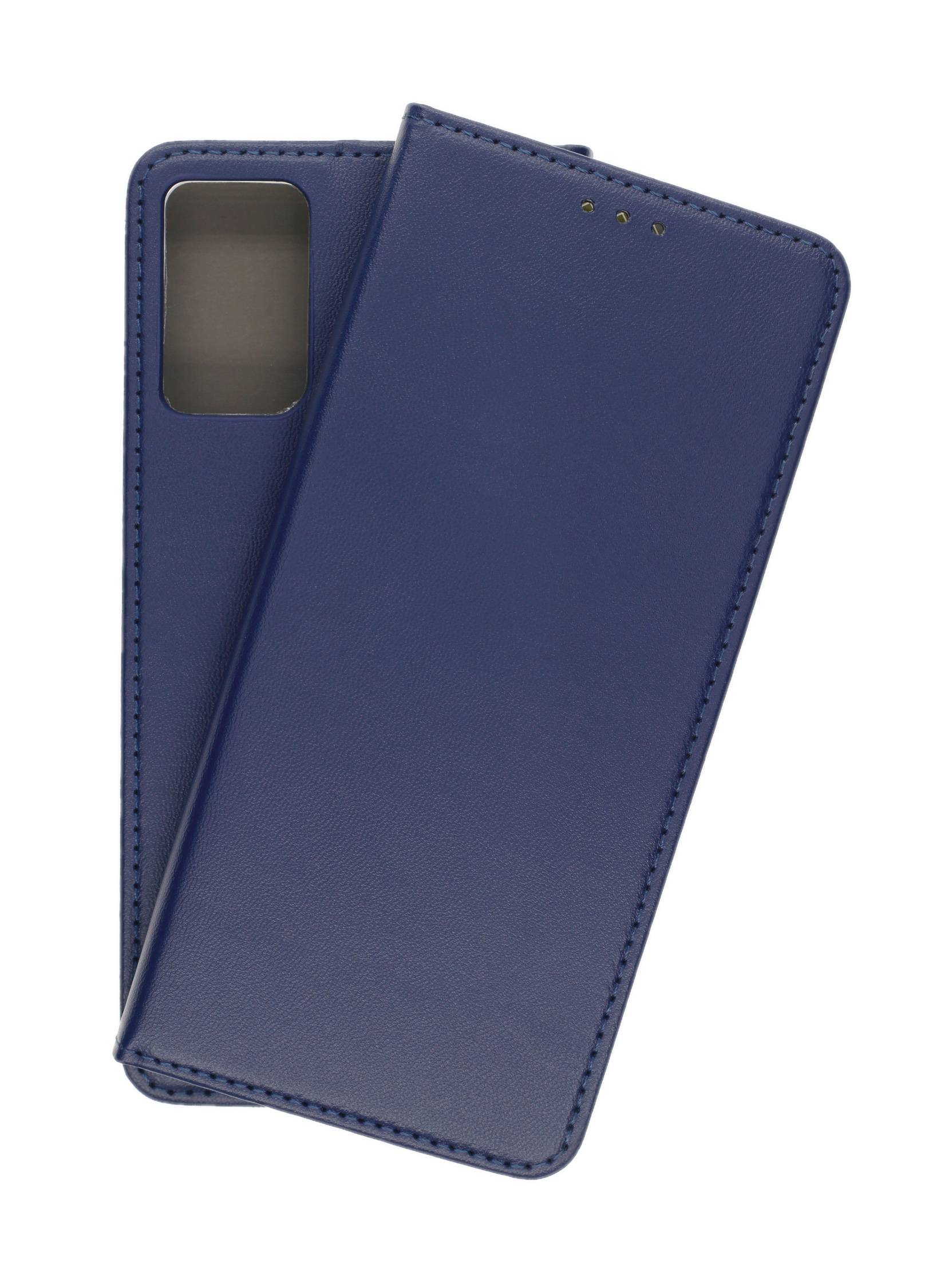 Eine blaue Handyhülle mit einer Abdeckungsklappe, die einen Fensterausschnitt in der oberen linken Ecke hat.