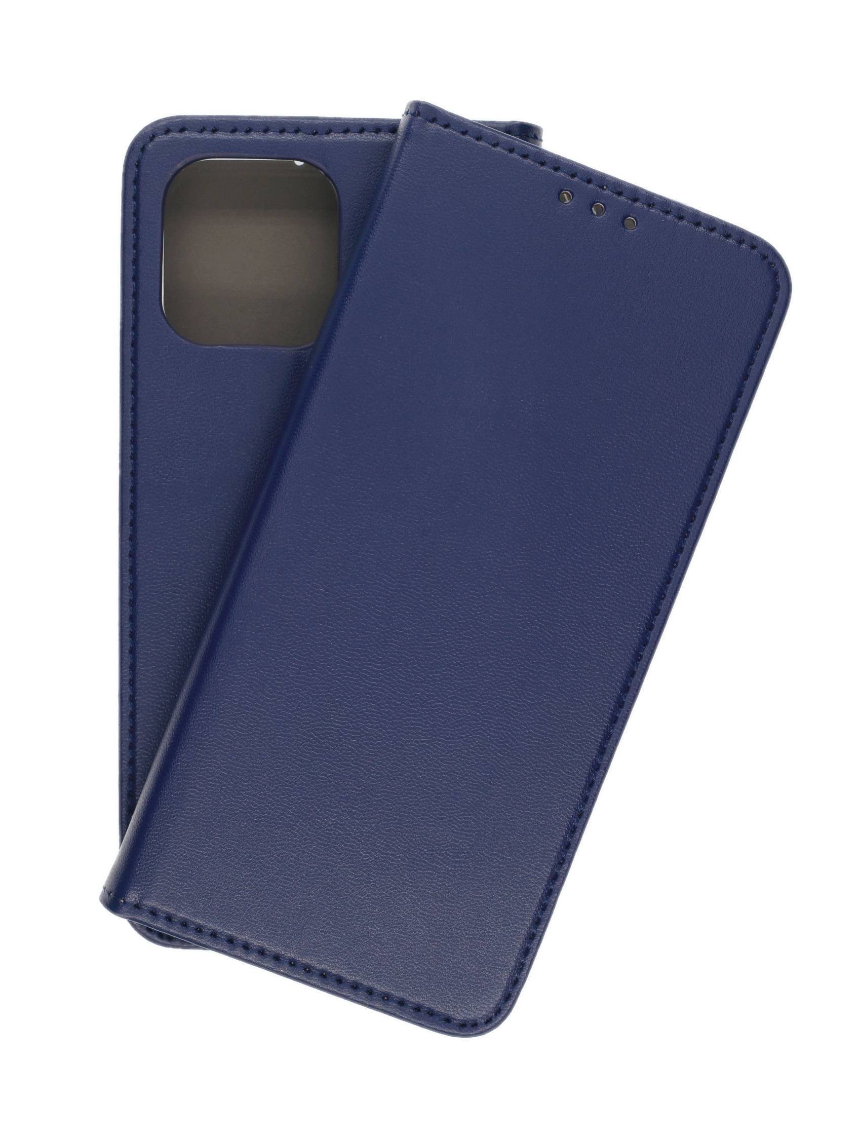 Marineblaues Leder-Handyhülle mit umschlagbarem Deckel, mit Kameraausschnitt und Lautsprecherlöchern oben.