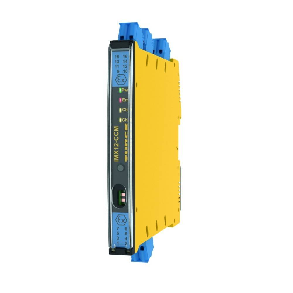 Ein gelbes elektronisches Modul mit blauen Anschlüssen und einer Frontplatte mit der Aufschrift „IMX12-CCM
