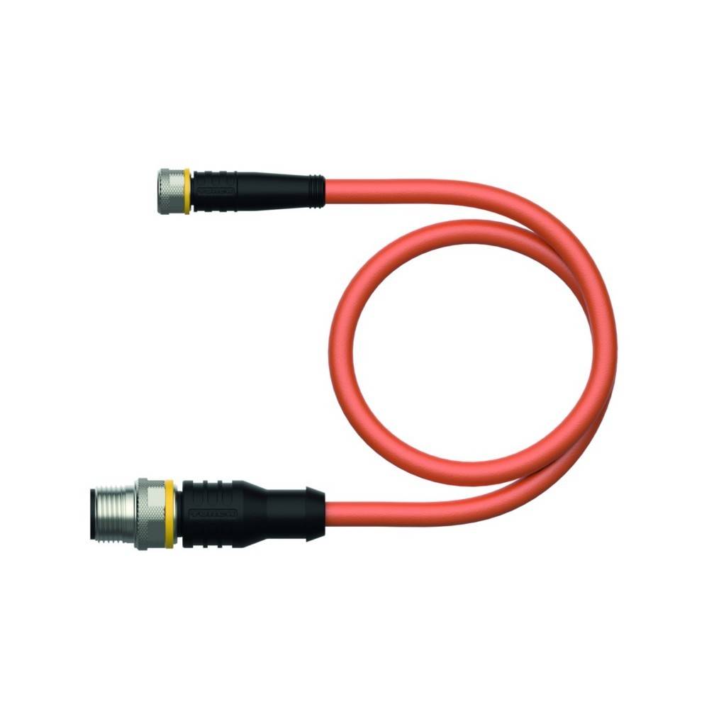 Ein einzelnes rotes koaxiales Kabel mit schwarzen Steckern an jedem Ende, in einer Kreisform aufgerollt, vor weißem Hintergrund.