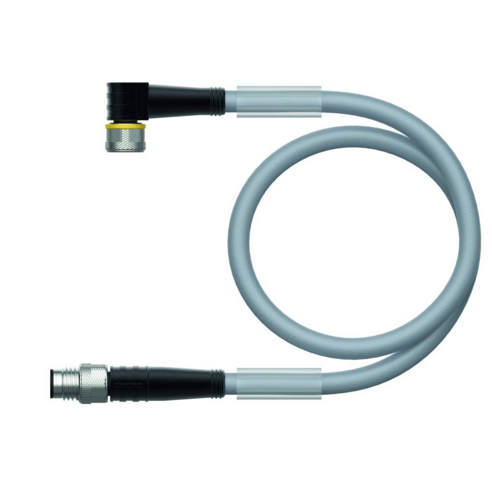 Ein graues Kabel mit abgewinkelten Steckverbindern an beiden Enden, geeignet für industrielle Verbindungen, mit schwarzen Griffen und metallischen Spitzen.