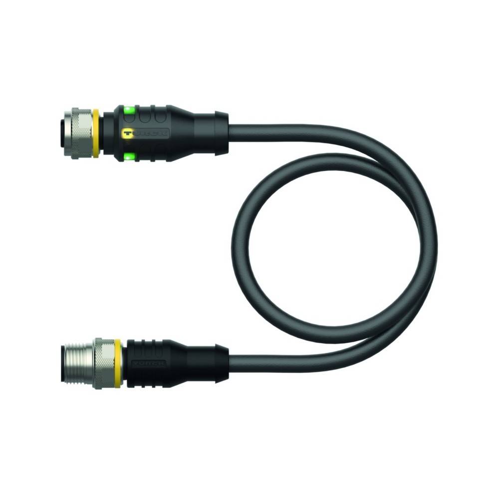 Ein schwarzes aufgewickeltes Kabel mit jeweils einem runden Anschluss an beiden Enden, mit gelben und grünen Details, geeignet für elektronische Verbindungen.
