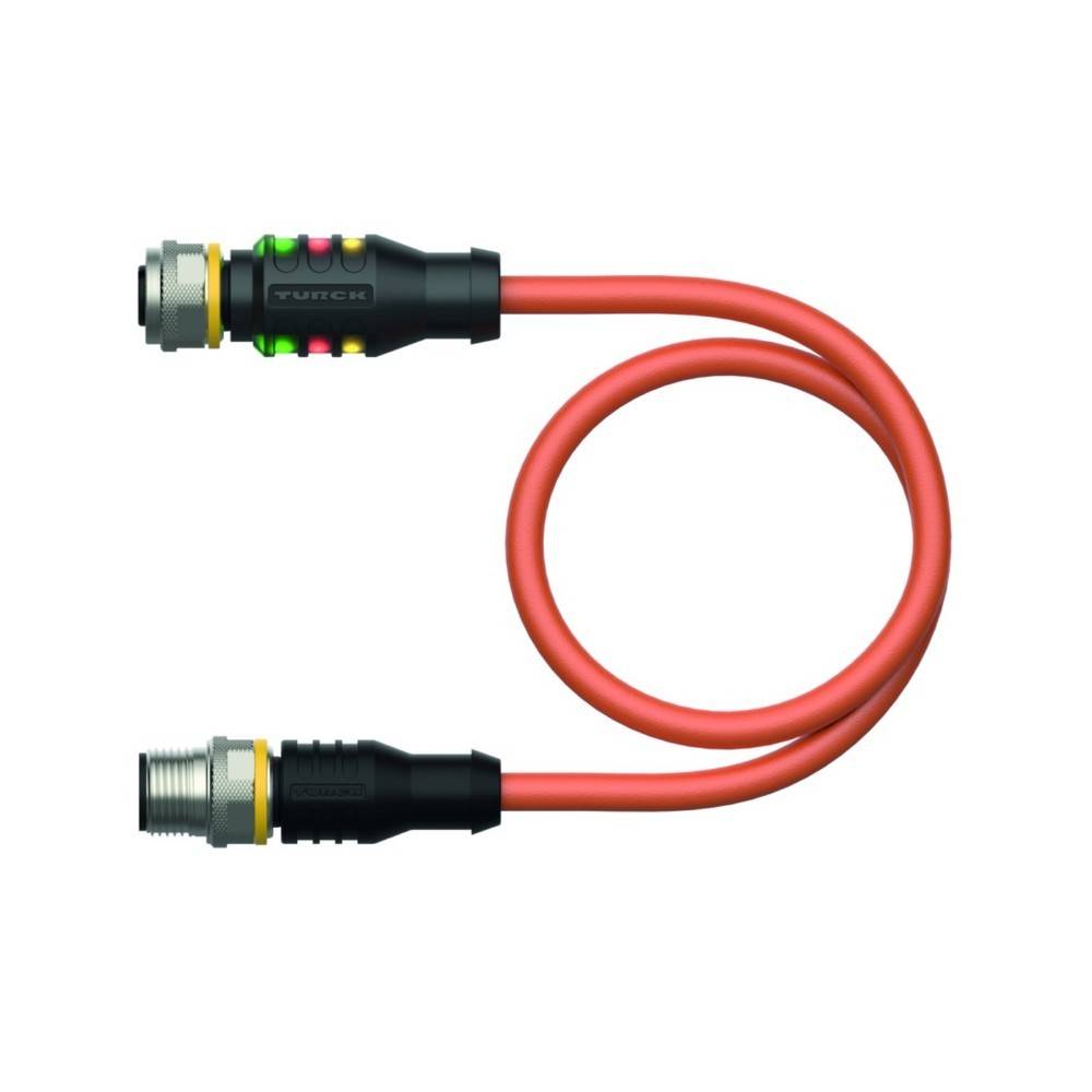 Ein aufgerolltes rotes Elektrokabel mit schwarzen Steckverbindern und farbcodierten Ringen an beiden Enden.