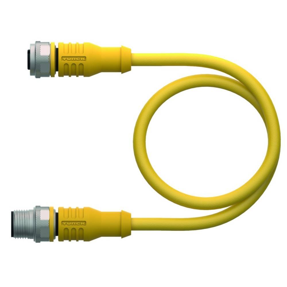 Ein gelbes, flexibles Kabel mit Metallverbindern an beiden Enden, entwickelt für Industrie- oder Elektronikanwendungen.