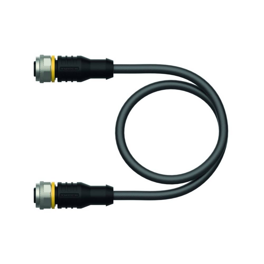 Ein aufgerolltes Audiokabel mit schwarzen Steckern und gelben Ringen an jedem Ende, entwickelt zum Verbinden von Audiogeräten.