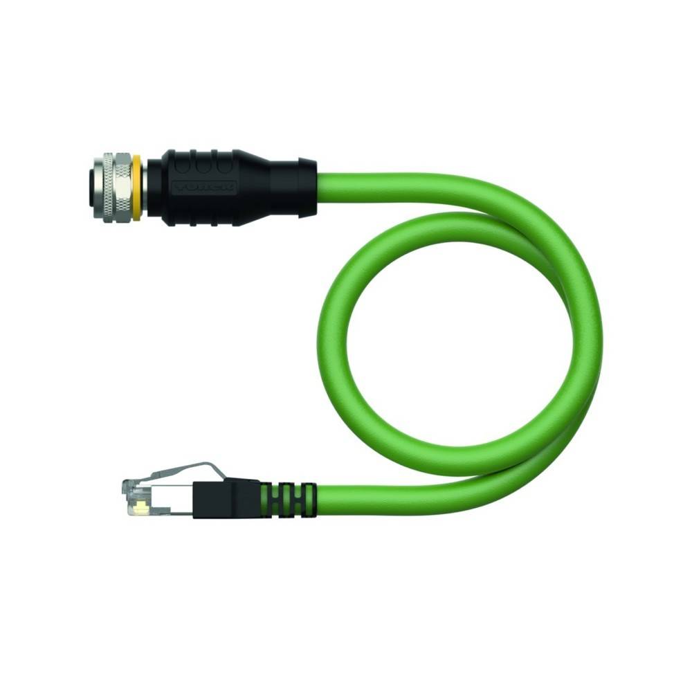 Ein grünes Ethernet-Kabel mit einem robusten Industriestecker auf der einen Seite und einem Standard-RJ45-Stecker auf der anderen Seite.