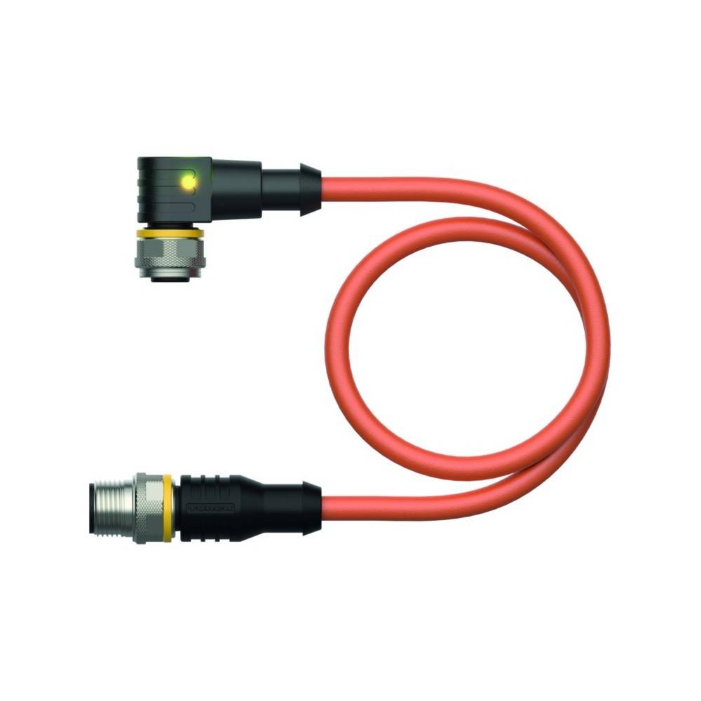 Ein aufgerolltes rotes Kabel mit einem 90-Grad-Winkeleinsatz an einem Ende und einem geraden Einsatz am anderen Ende, wahrscheinlich für elektrische Verbindungen verwendet.
