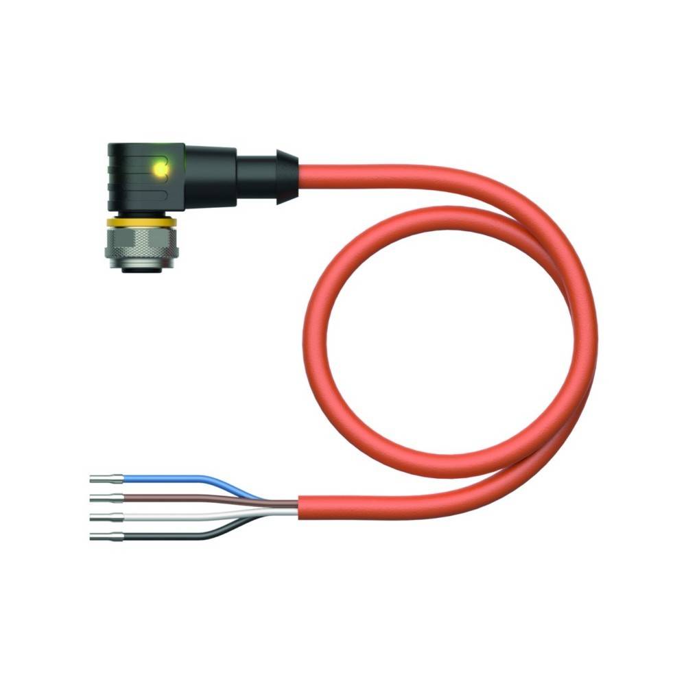 Ein L-förmiger Anschluss mit einem grünen Licht ist an einem roten Kabel befestigt und endet in vier farbcodierten Drähten.