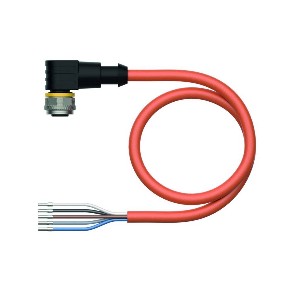 Rotes Spulenkabel mit schwarzem Stecker an einem Ende und freiliegenden Drähten am anderen Ende.