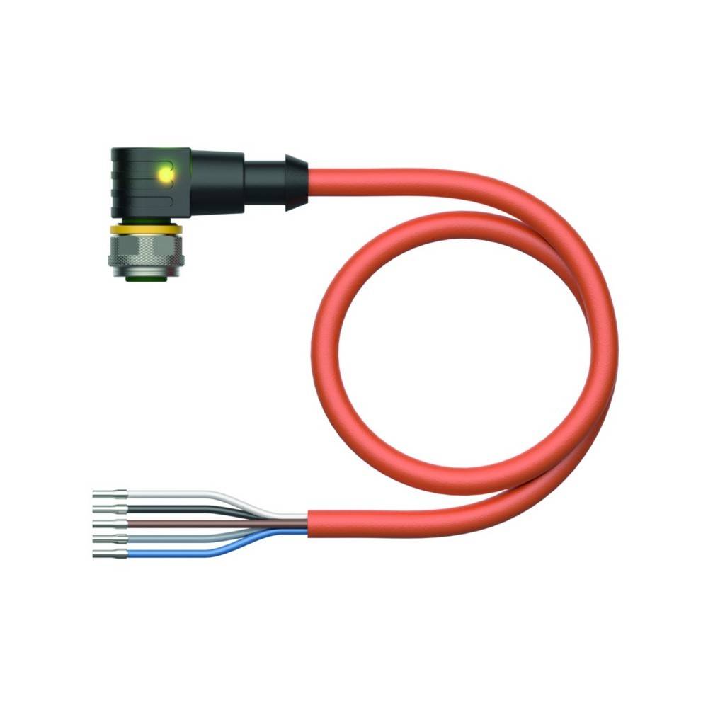 Illustration eines orangefarbenen M8 90-Grad-Anschlusskabels mit freiliegenden Drähten an einem Ende und einem Stecker am anderen Ende mit grünem Lichtindikator.