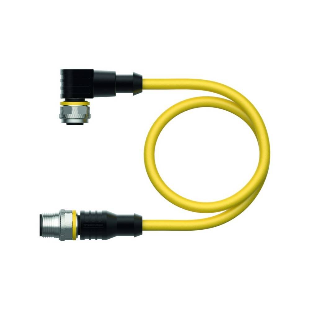Ein aufgerolltes gelbes Elektrokabel mit zwei Steckern, einer gerade und einer abgewinkelt.