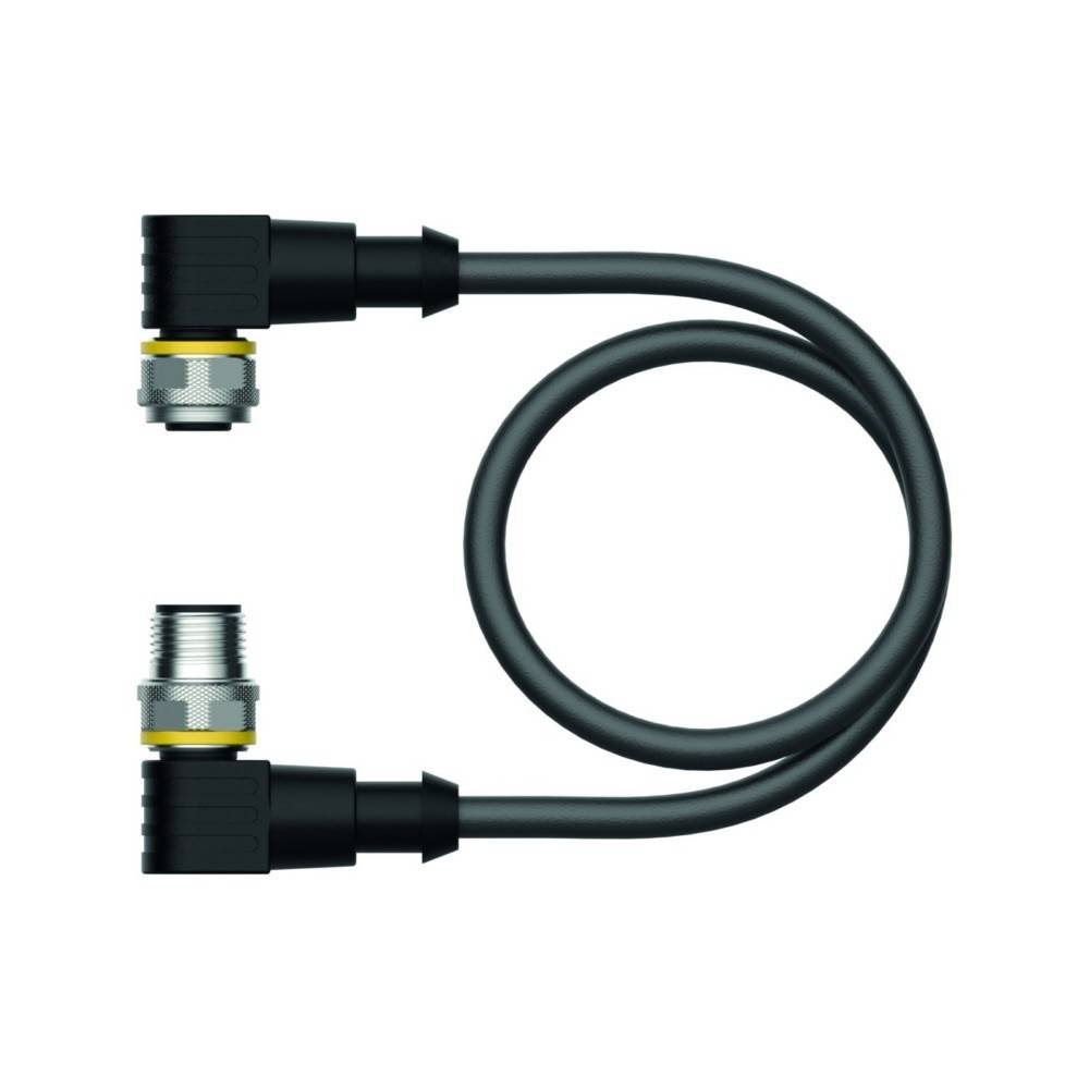 Ein schwarzes aufgerolltes Kabel mit Winkelverstecken an jedem Ende, einer männlichen und einer weiblichen Buchse, entworfen für industrielle oder elektronische Verwendung.