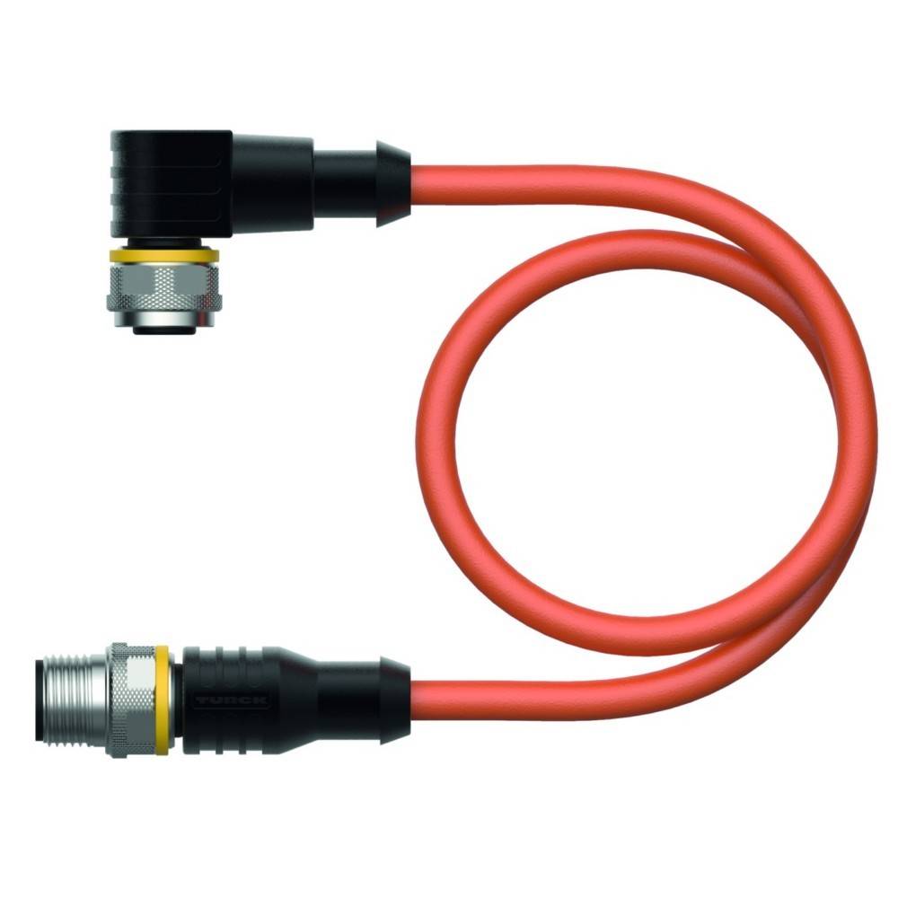 Ein aufgerolltes rotes Industriekabel mit schwarzen Steckverbindern an beiden Enden, entworfen für elektronische oder mechanische Anwendungen.
