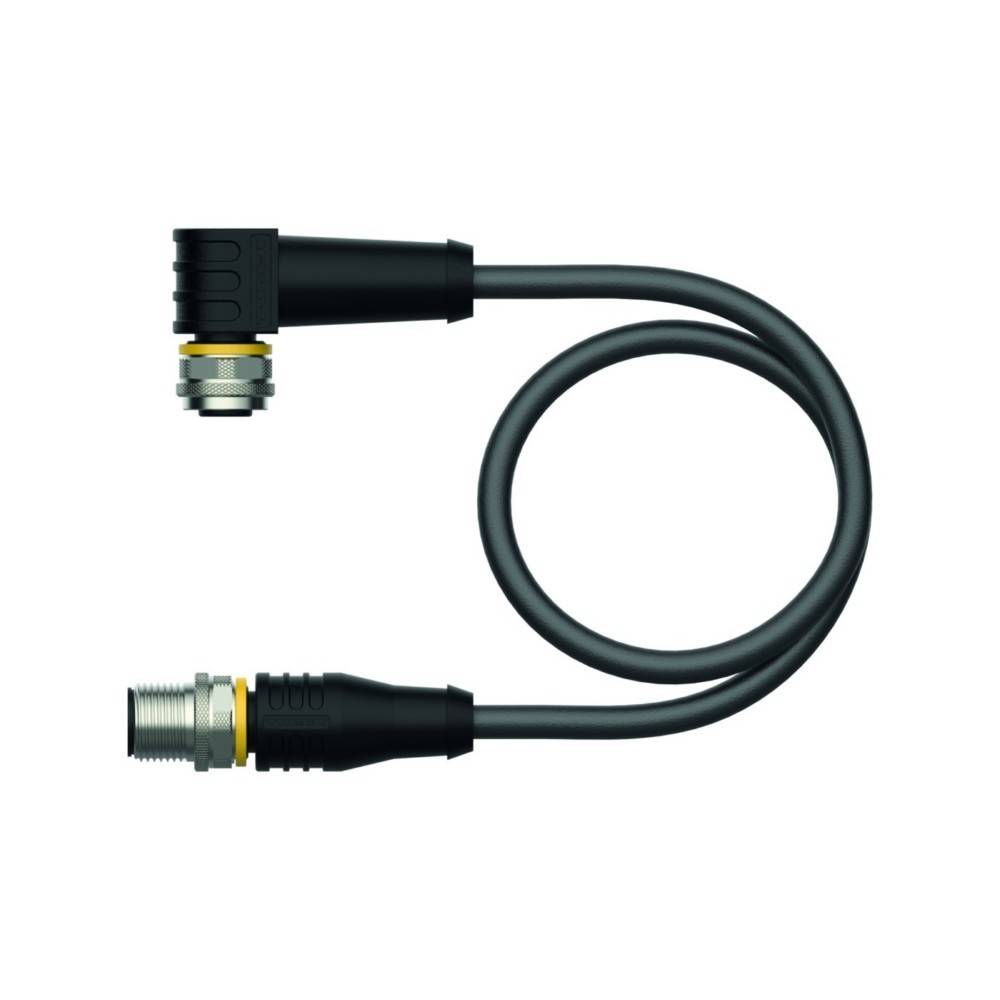 Ein schwarzes M12-Winkelbündel mit zwei Anschlüssen, einer Stecker und einer Buchse, jeweils mit metallischen Oberflächen und gelben Ringen.