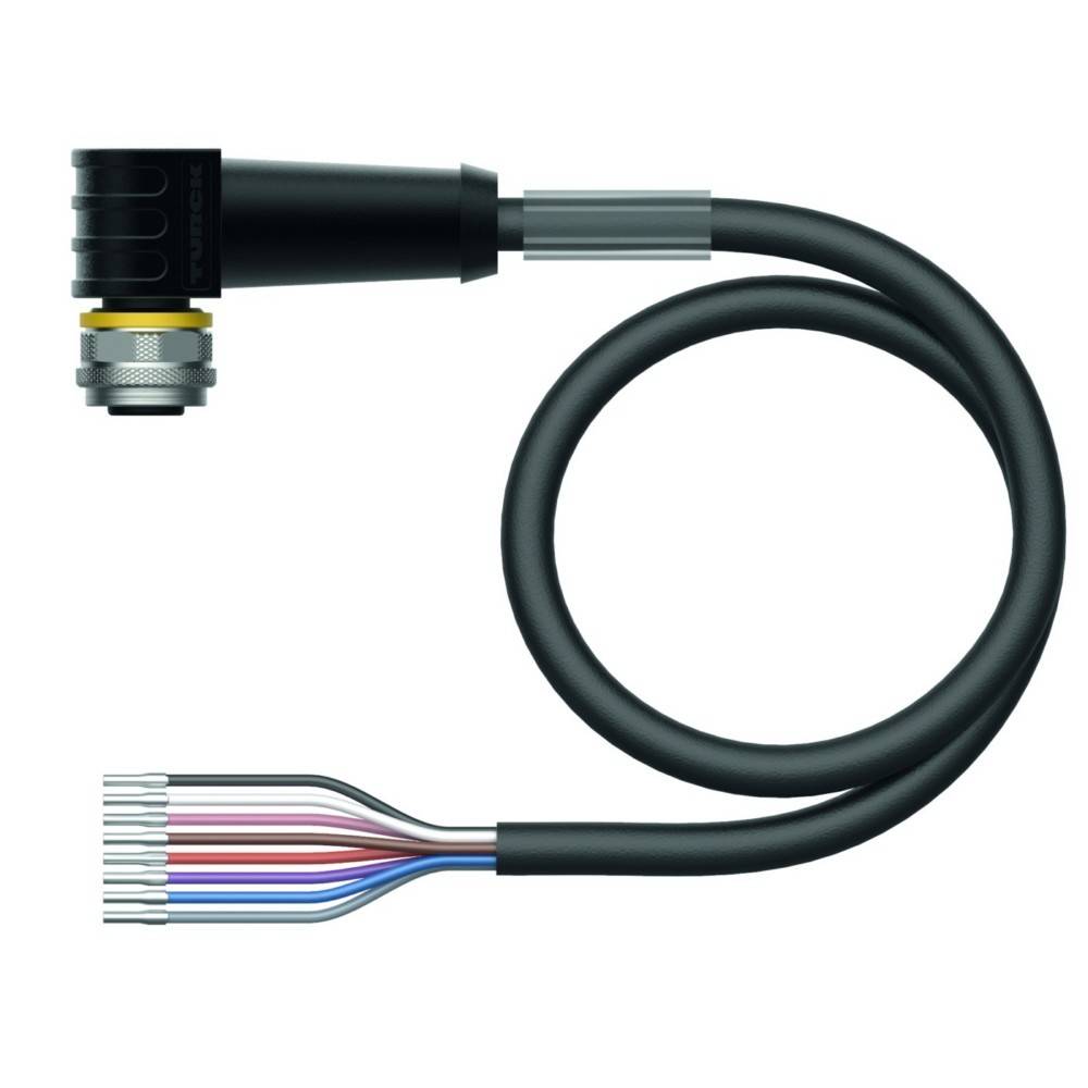 Ein schwarzes, aufgerolltes Kabel mit einem Stecker an einem Ende und mehreren farbigen Drähten am anderen Ende, das zum Verbinden elektronischer Geräte verwendet wird.