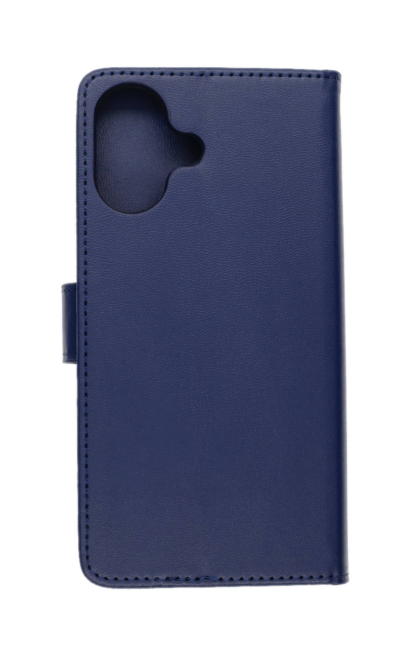 Ein blaues Lederetui für Mobiltelefone mit einer gekrümmten Aussparung für die Kamera und einer seitlichen Verschlusslasche für Tasten.