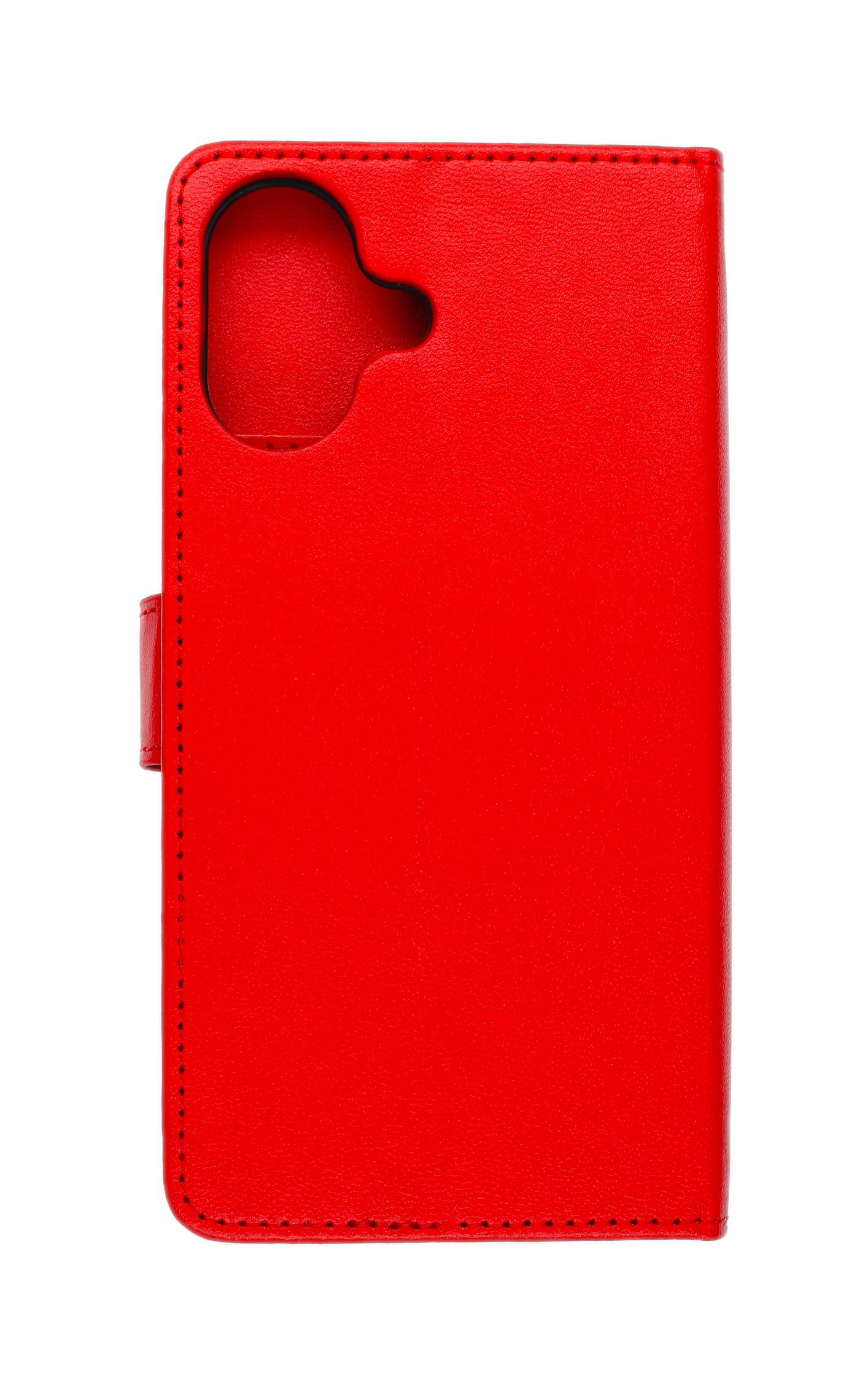 Ein leuchtend rotes Smartphone-Etui mit einer Kameraöffnung oben links. Die Schutzhülle verfügt über saubere Nähte entlang der Kante und eine kleine Seitenklappe.