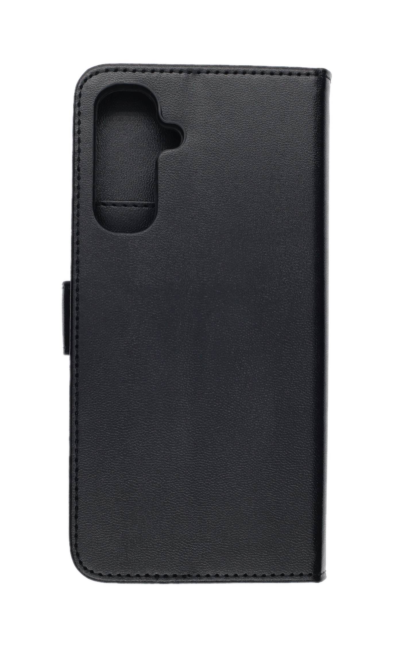 Ein schwarzes Lederetui für Telefone mit einer Kameraaussparung oben, von hinten gezeigt.