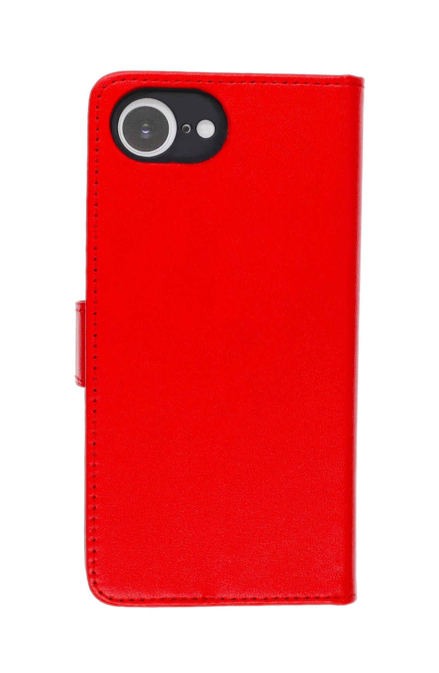 Ein rotes Smartphone-Gehäuse, das ein Telefon abdeckt, mit sichtbarer Kameralinse und Blitz in der oberen linken Ecke.