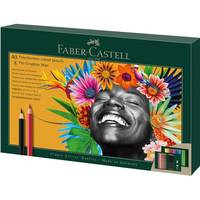 Faber-Castell Polychromos Farbstiftset-Schachtel mit buntem Blumenmotiv und dem Gesicht einer lächelnden Frau; Stifte auf der linken Seite abgebildet.