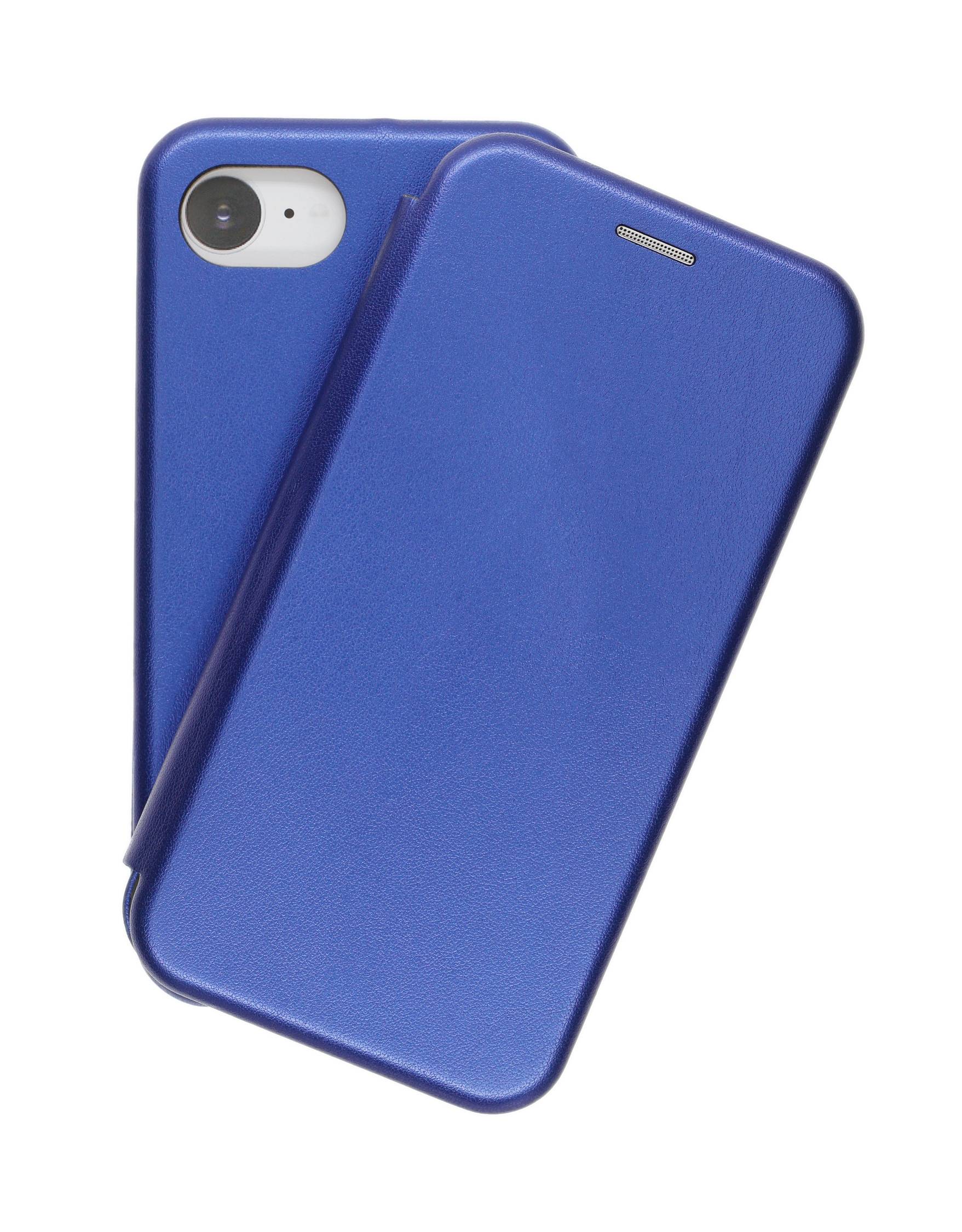 Ein Smartphone mit blauem Flipcover, teilweise geöffnet, wobei das Kameraobjektiv auf der Rückseite sichtbar ist.