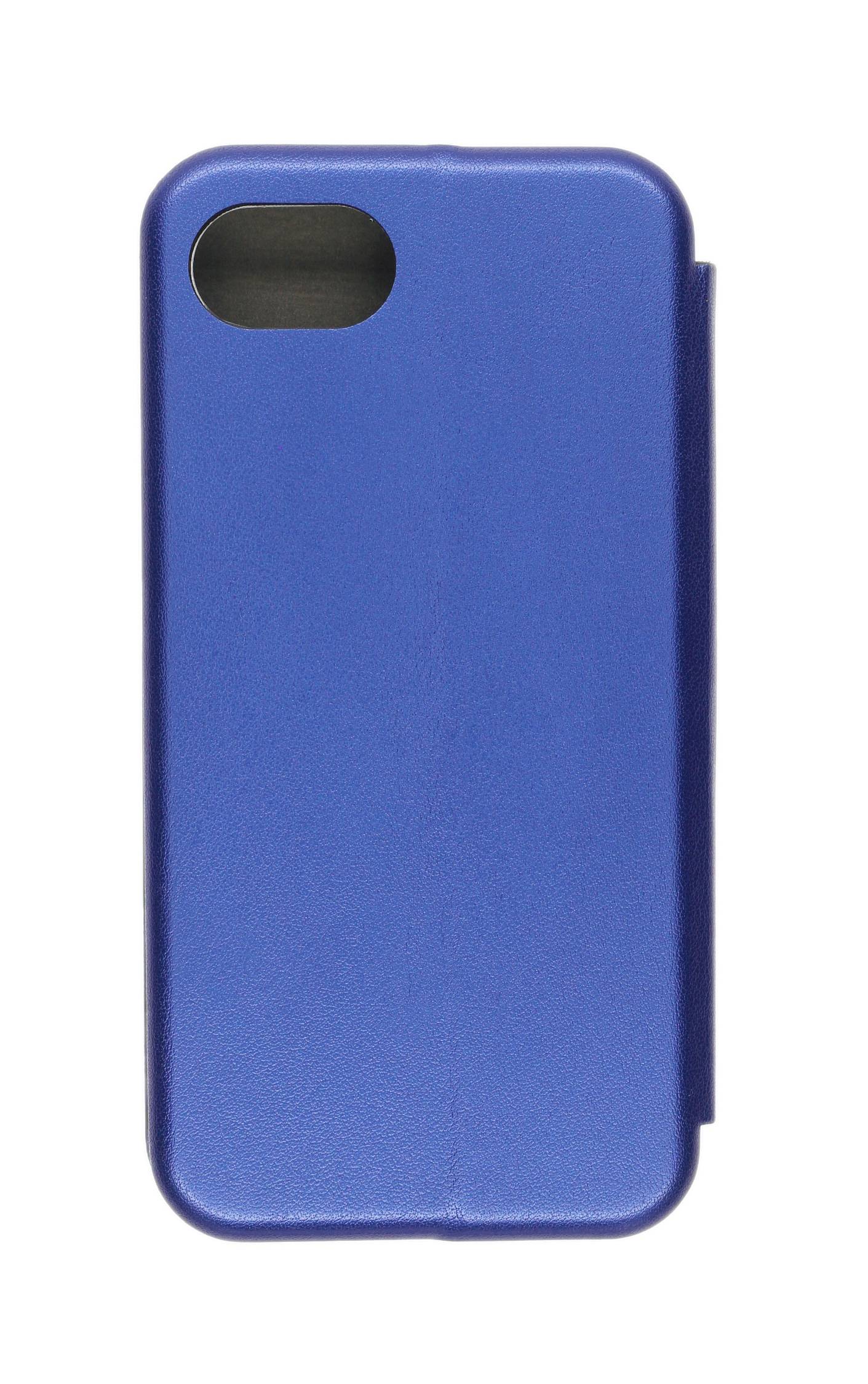 Ein blauer Smartphone-Hülle aufrecht stehend, zeigt seine Vorderseite mit einer Kameraaussparung in der oberen linken Ecke.