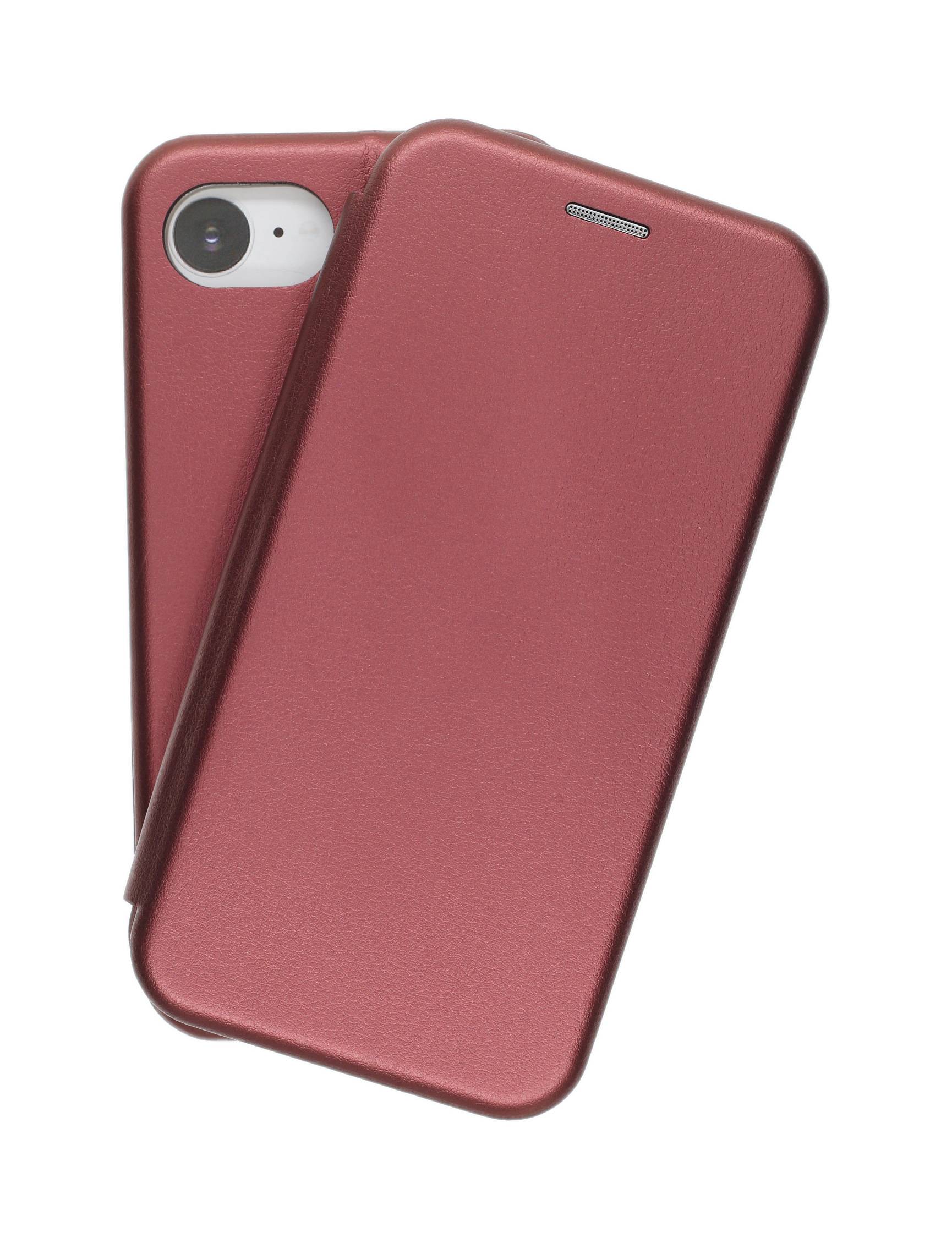 Eine rote Smartphone-Schutzhülle mit Frontabdeckung, aus einem leichten Winkel fotografiert, wobei die Handykamera und ein Teil des Lautsprechers sichtbar sind.