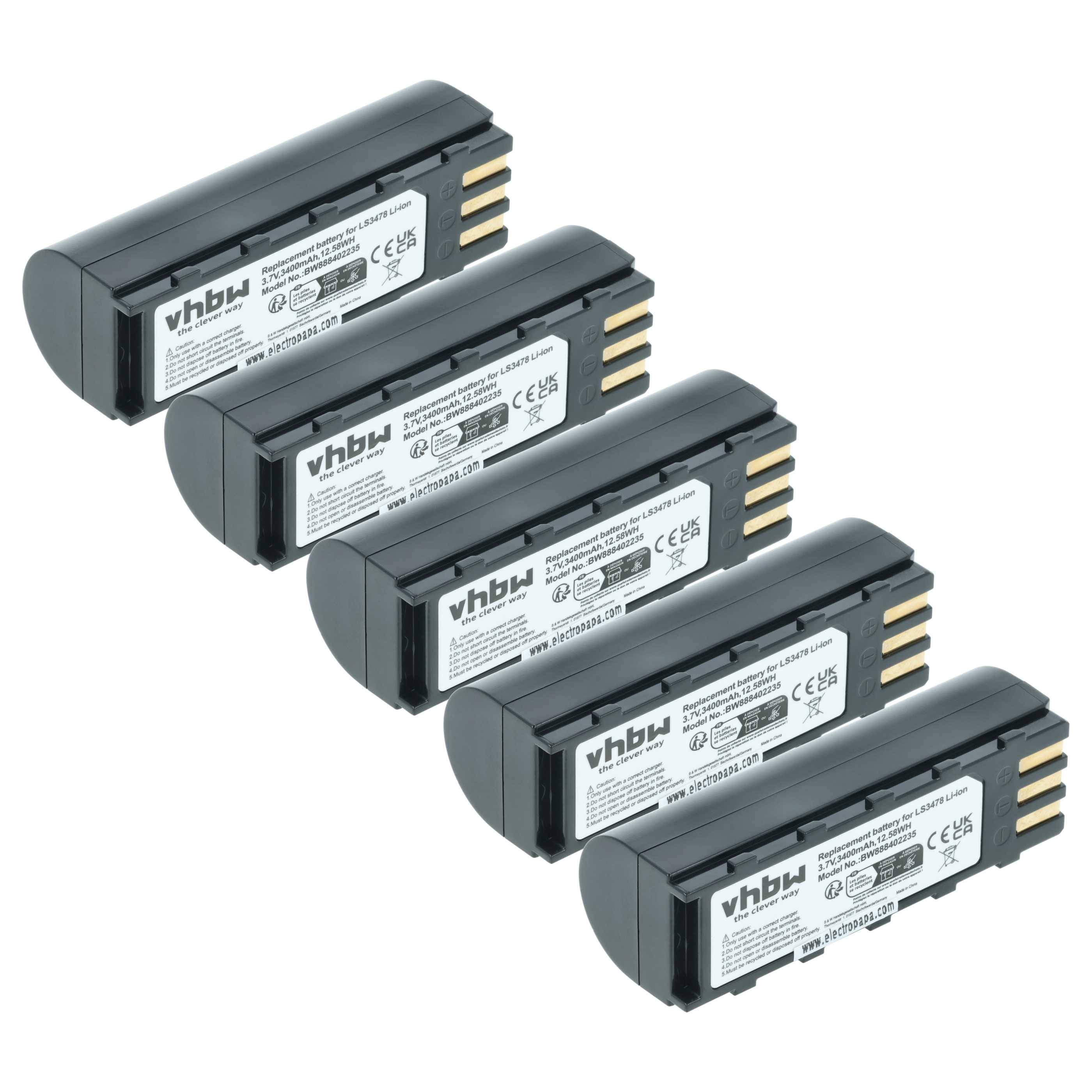vhbw 5x Akku kompatibel mit Symbol MT2000, NGIS, XS3478 Barcodescanner POS (3400 mAh, 3,7 V, Li-Ion)