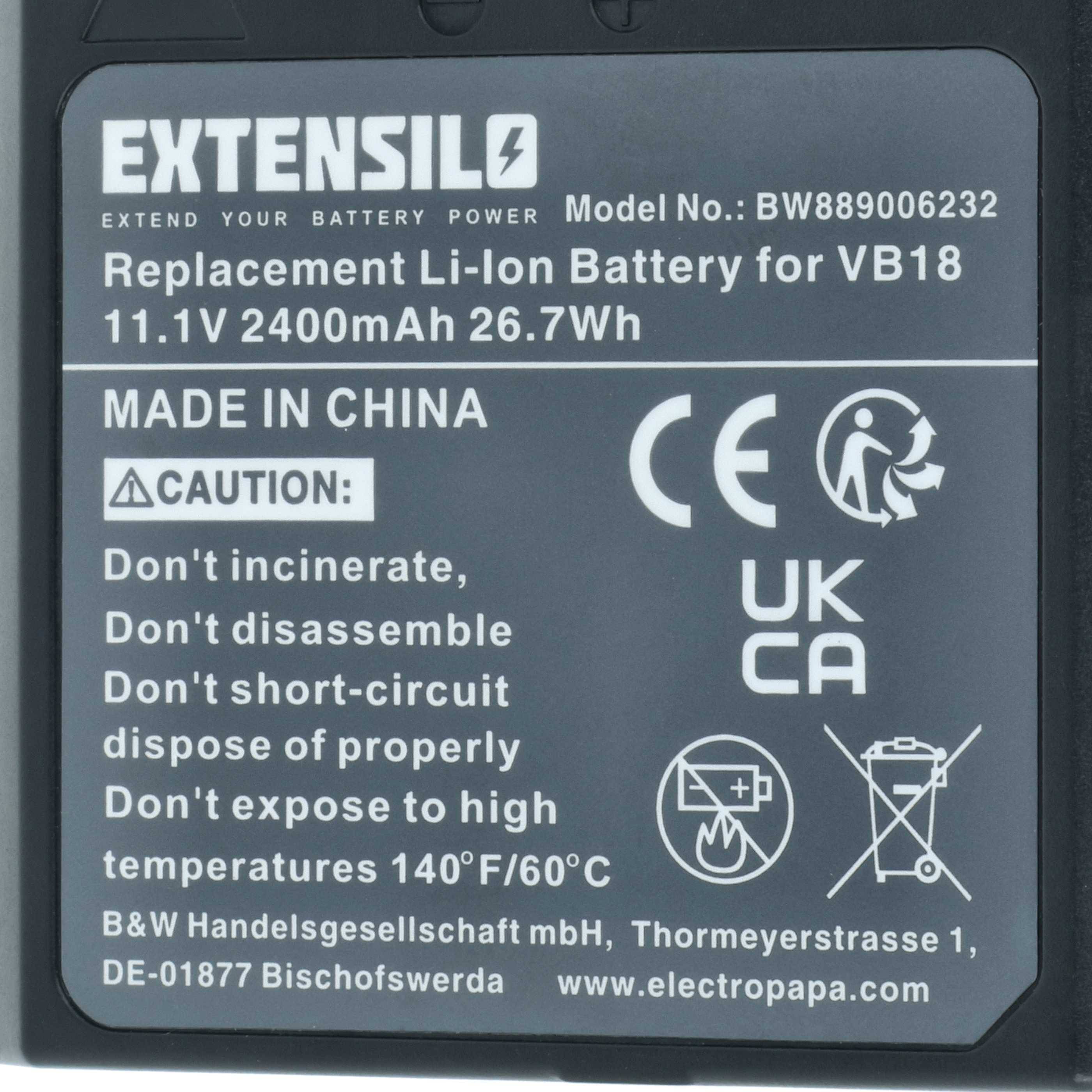 EXTENSILO Ersatz-Li-Ion-Akku für VB18, 11,1V 2400mAh 26,7Wh. Hergestellt in China. Vorsicht: Nicht verbrennen, zerlegen oder kurzschließen. Hohe Temperaturen vermeiden.