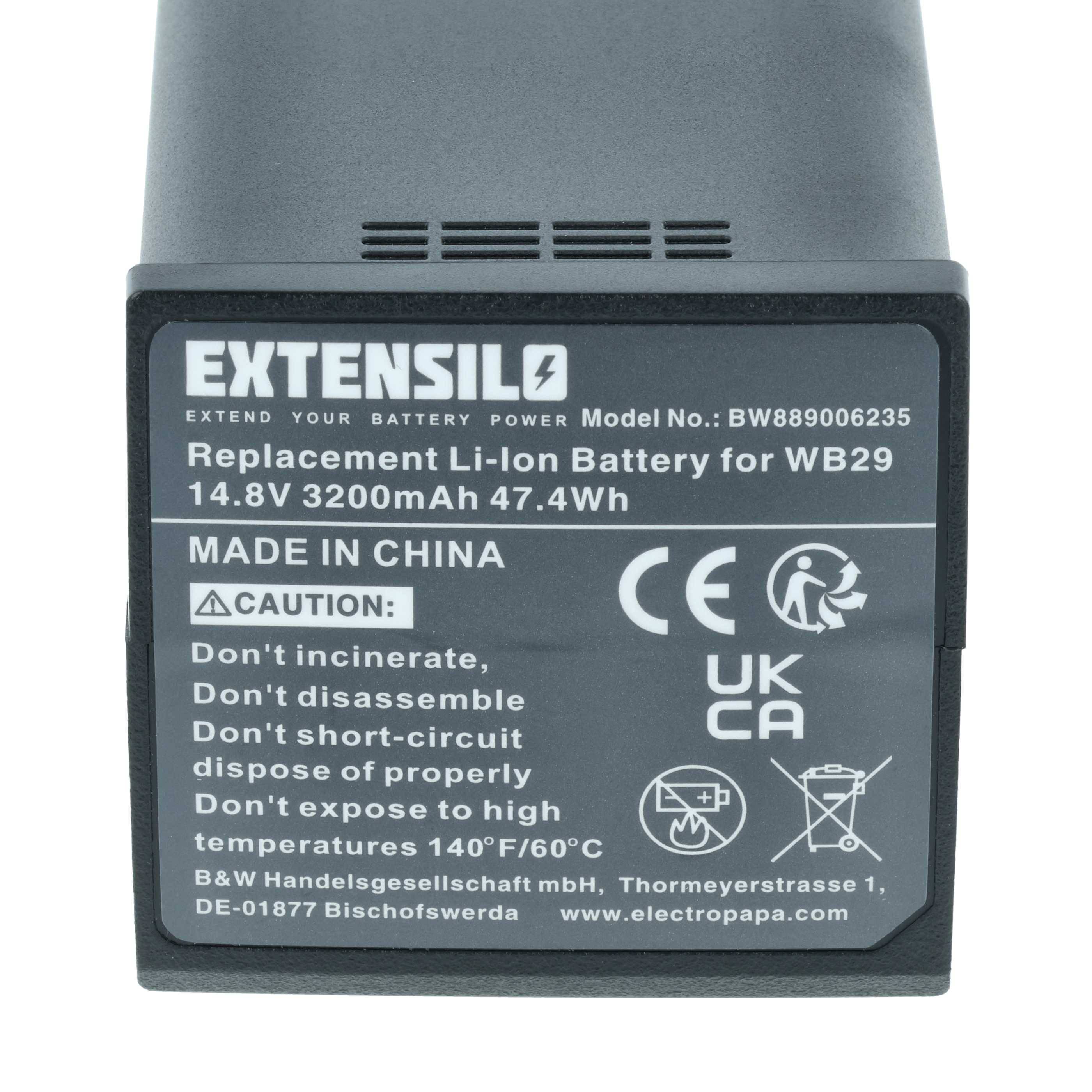 Etikett auf EXTENSILO Ersatz-Li-Ionen-Akku für WB29, 14,8V 3200mAh 47,4Wh, mit Sicherheitswarnungen und CE/UKCA-Kennzeichnungen.