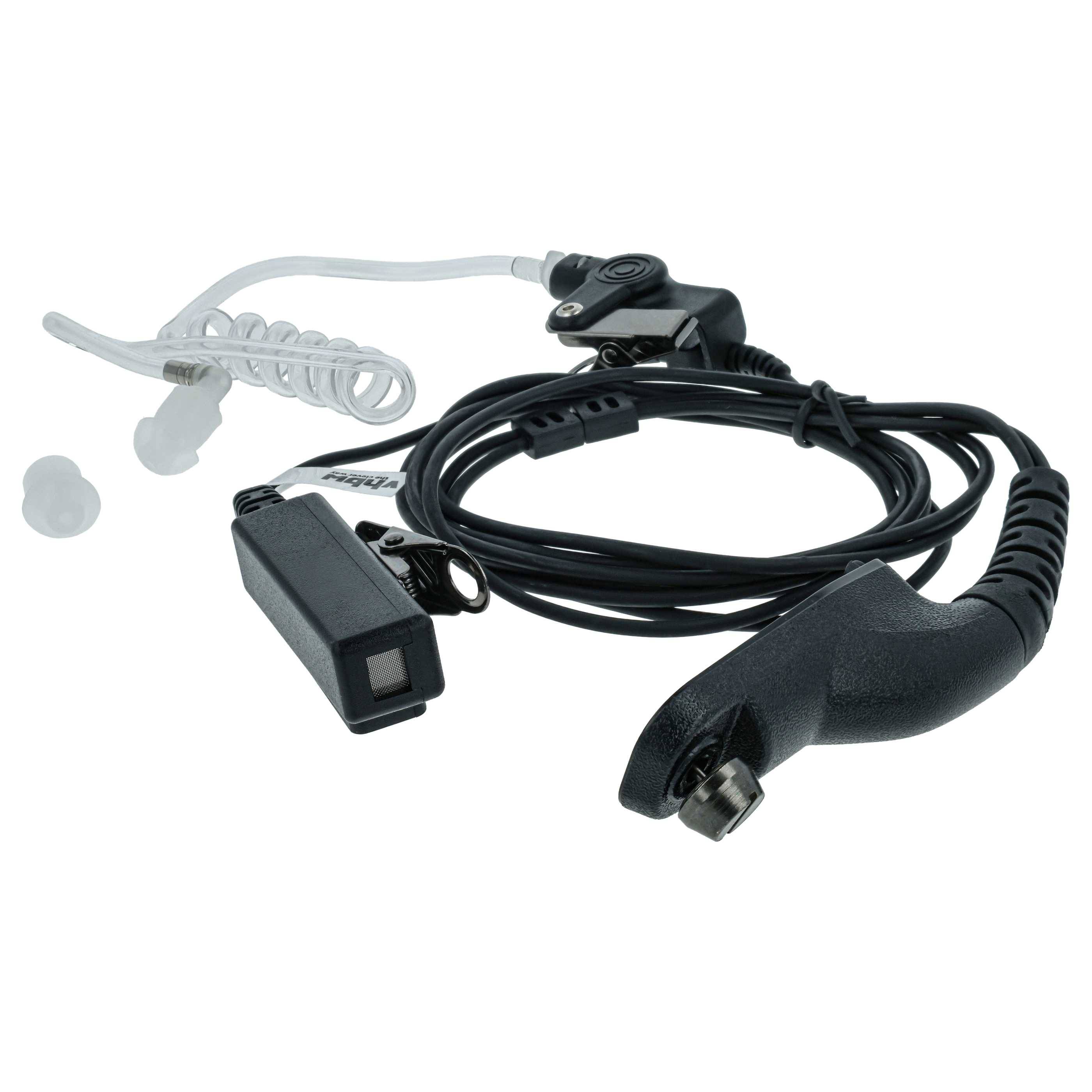 Ein spiralförmiges Ohrstöpsel mit klarem Akustikschlauch und angebrachtem schwarzem Kabel. Enthält Ohrstöpsel und eine Drucksprechaste, die für Kommunikationsgeräte verwendet wird.