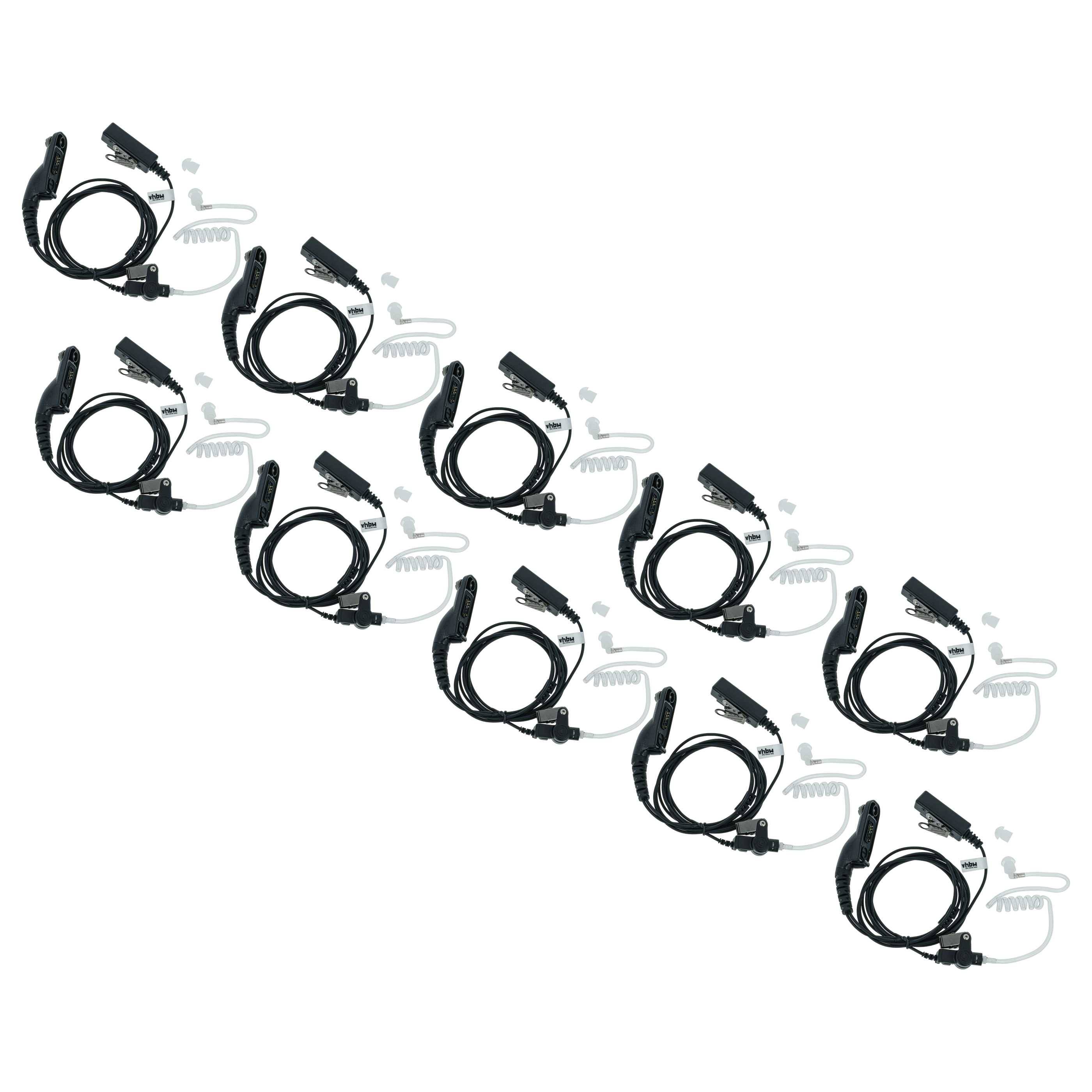 Zehn aufgerollte Funkohrstöpsel mit transparenten Akustikschläuchen und Clips, in zwei Reihen zu je fünf angeordnet, konzipiert für eine klare Kommunikation.