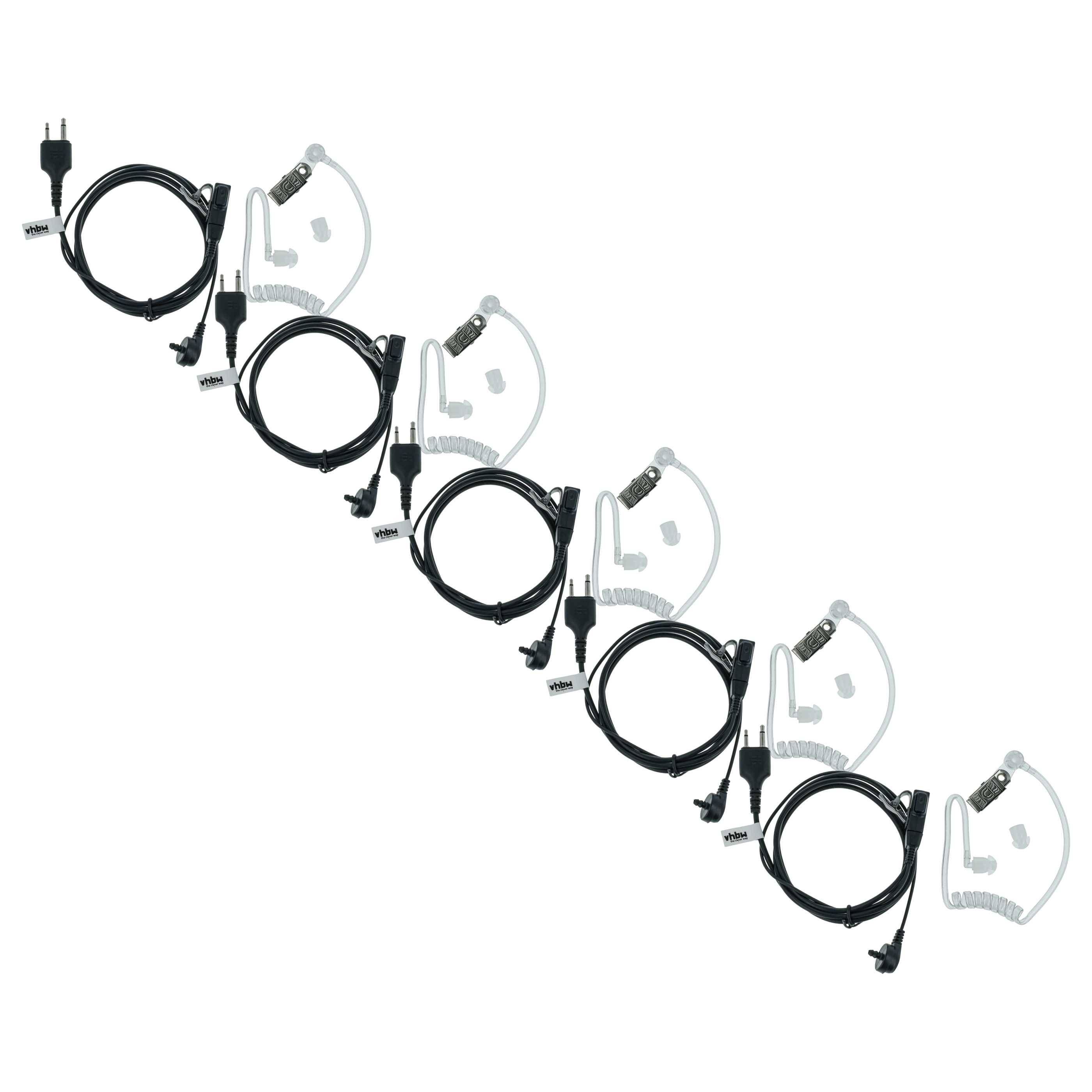 Sechs schwarze Ohrhörer-Kabel mit spiralförmigen Anschlüssen und weißen Ohrstöpseln, diagonal angeordnet auf weißem Hintergrund.