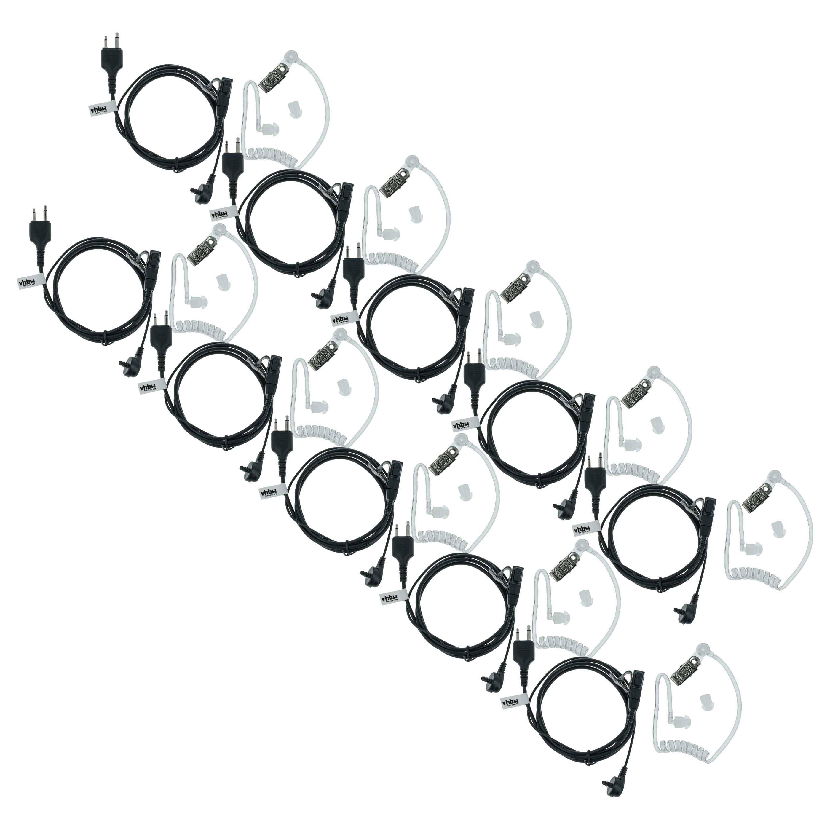 „Zehn aufgerollte Audiokabel mit jeweils zwei Steckern, in einem Rastermuster auf weißem Hintergrund angeordnet.