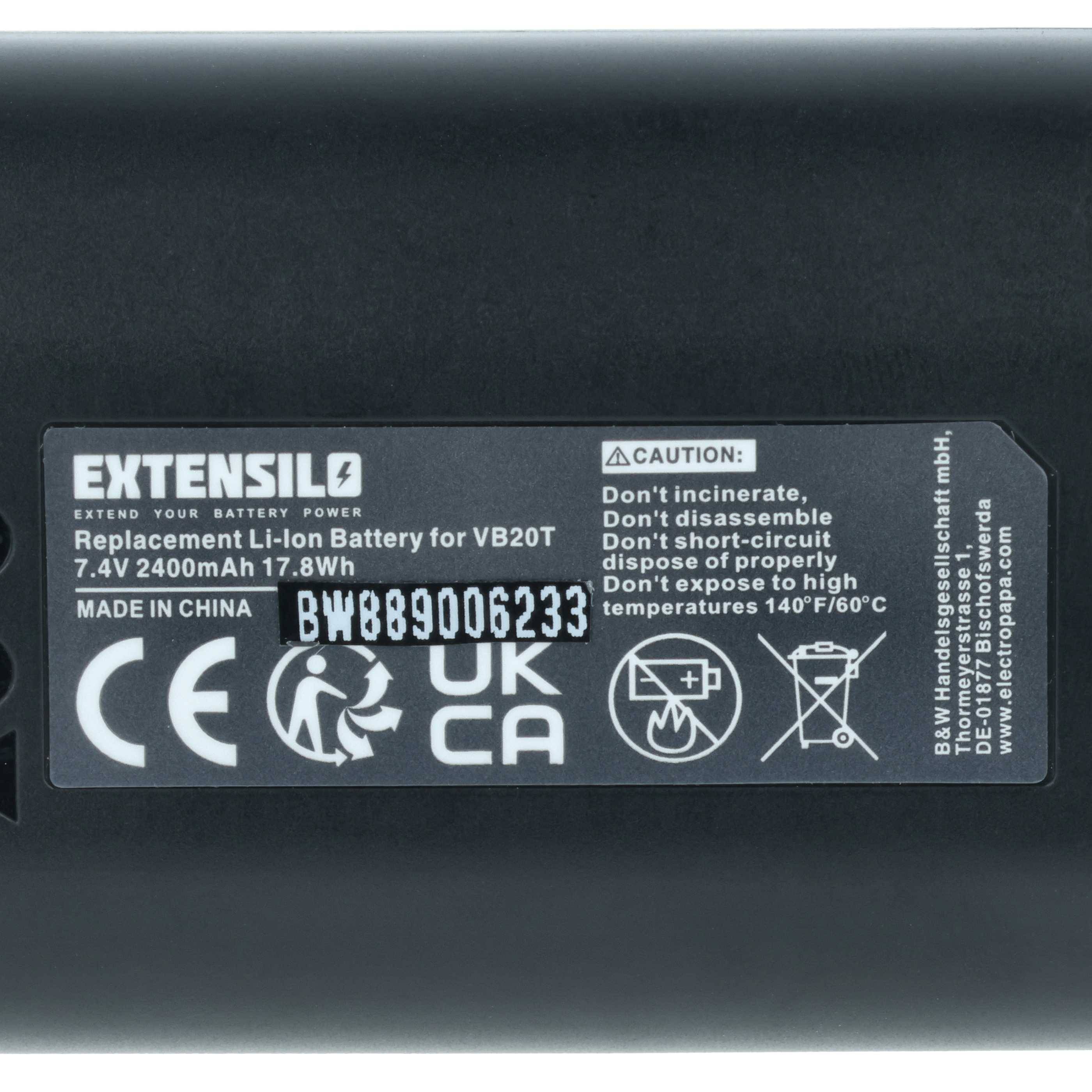 Nahaufnahme eines EXTENSILO-Batterieaufklebers für einen Ersatz-Li-Ionen-Akku für VB20T, mit 7,4V 2400mAh Kapazität, Sicherheitswarnungen und Zertifizierungsikonen.