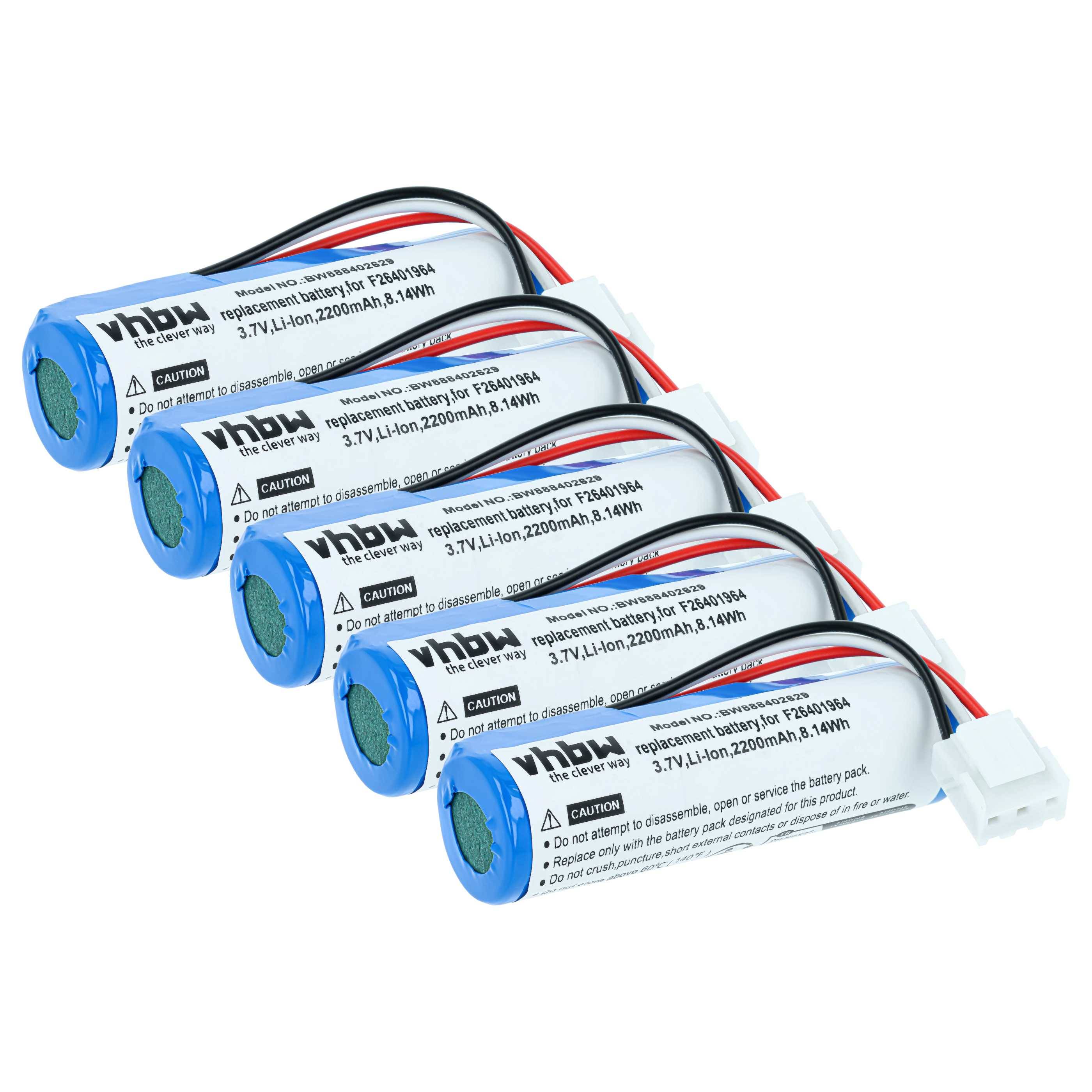 Fünf blaue, zylinderförmige Lithium-Ionen-Batterien mit angebrachter Verdrahtung und weißen Steckern, mit der Bezeichnung „vhbw