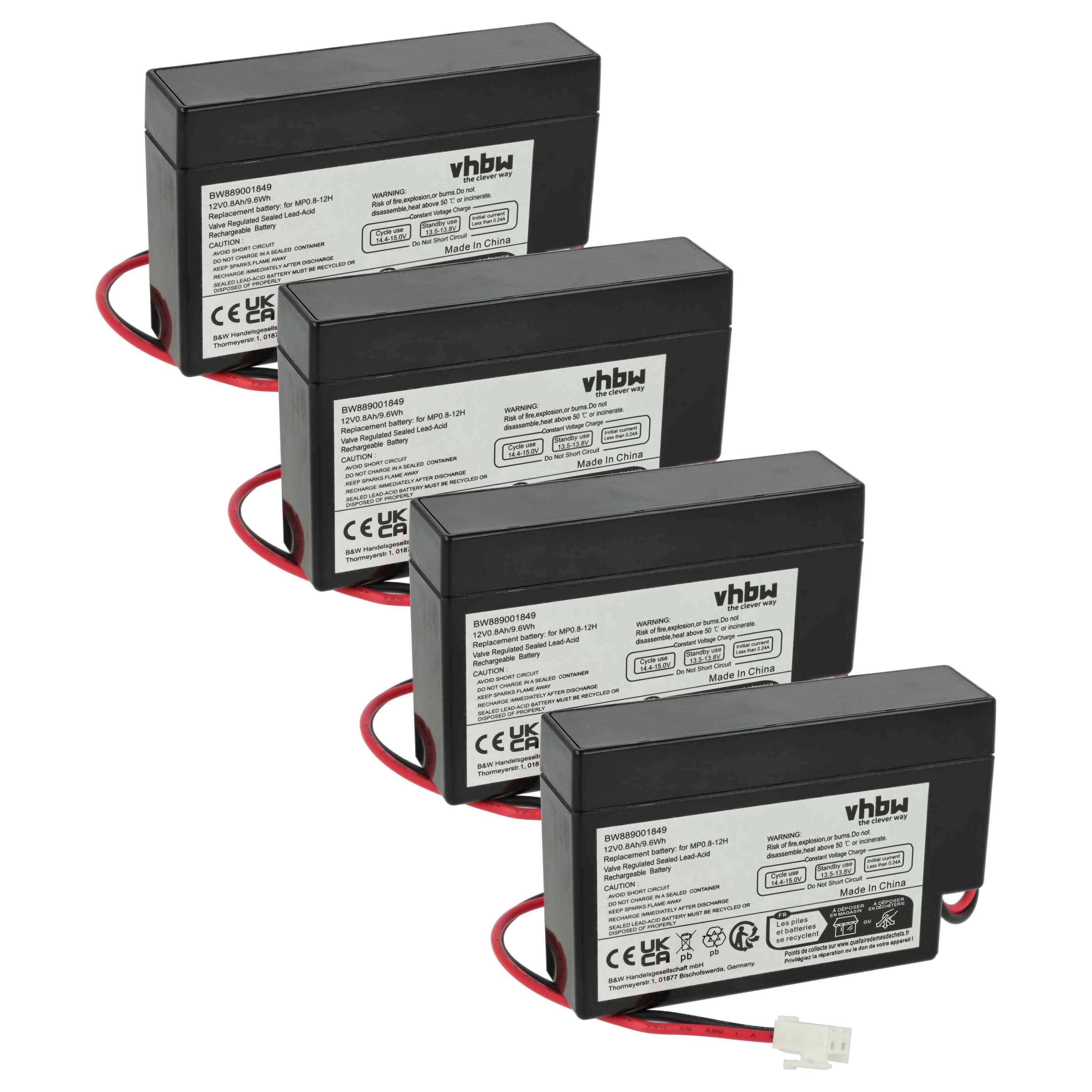 Vier rechteckige schwarze wiederaufladbare Batterien mit Etiketten, die Spezifikationen zeigen, und rote Drähte mit Steckverbindern.