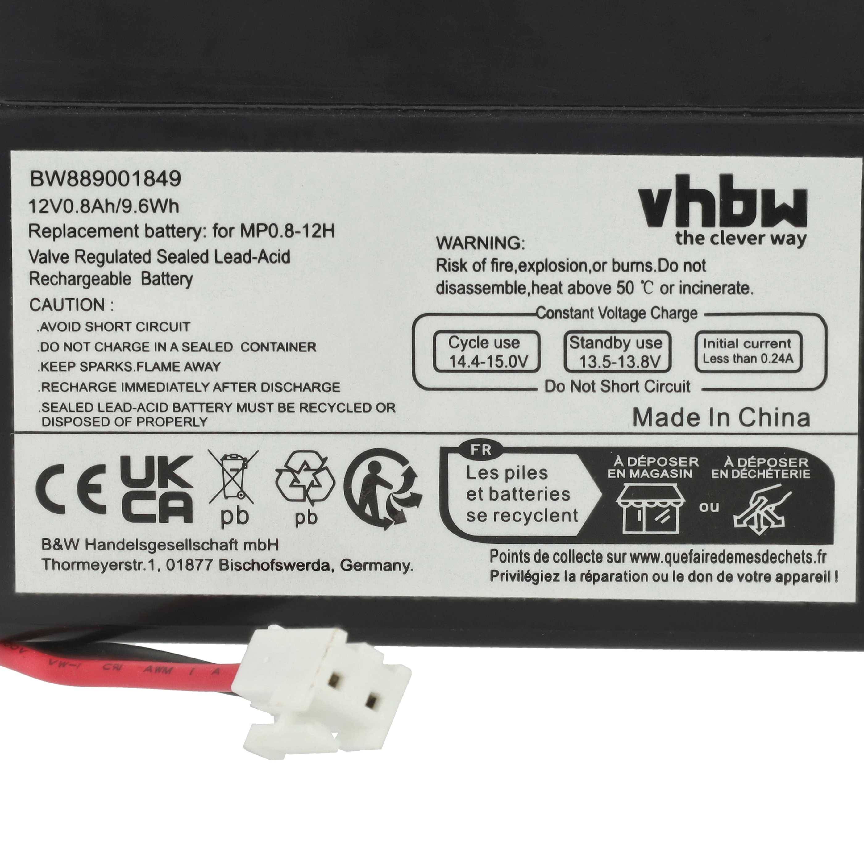 Batterieetikett mit Marke und Spezifikationen: 12V, 0,8Ah/9,6Wh, für MP0,8-12H. Warnungen: Kurzschluss vermeiden, nicht in geschlossenem Behälter laden.