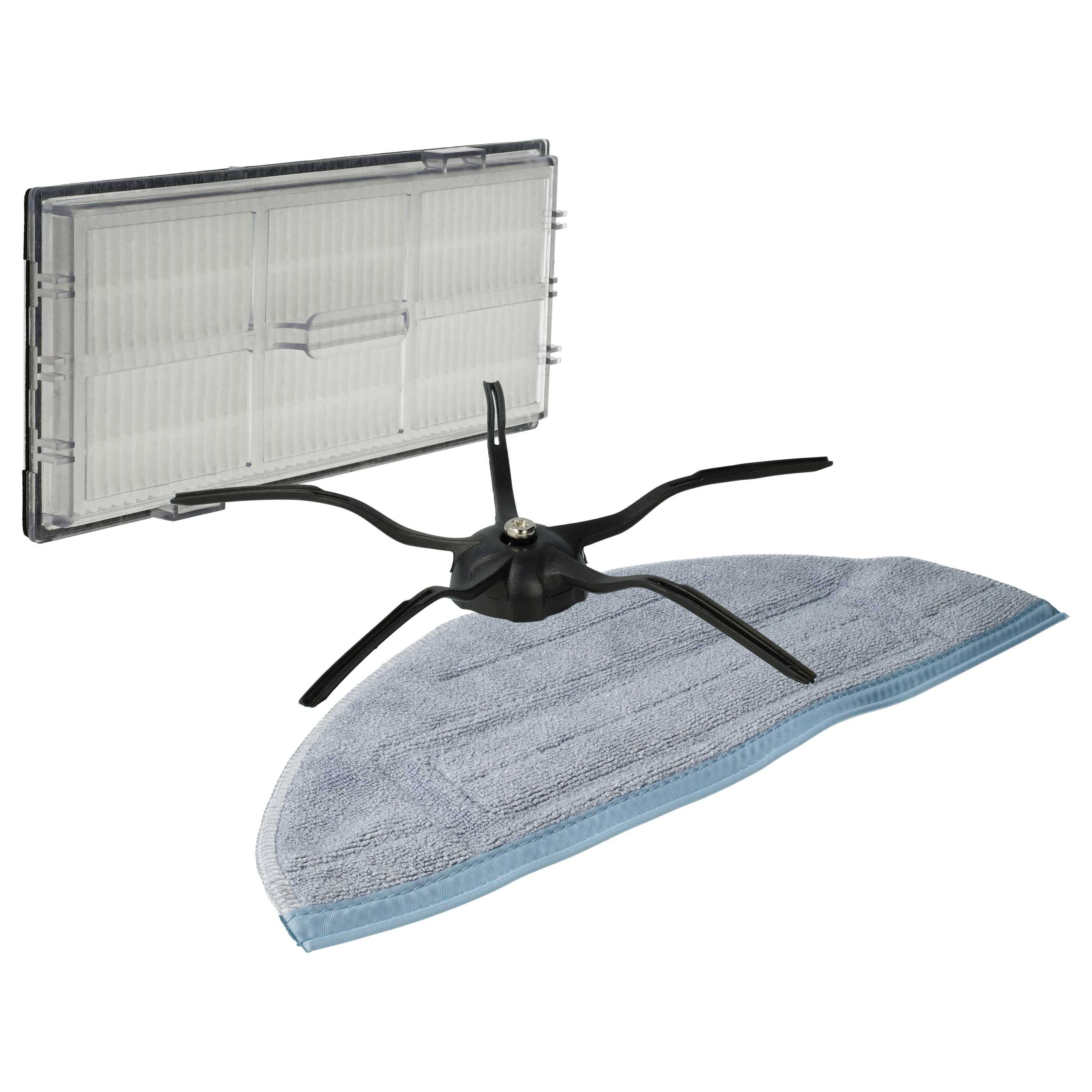 Eine Reinigungskomponente eines Roboterstaubsaugers mit einem weißen, rechteckigen Filter und einem blauen Wischaufsatz, entwickelt für Bodenreinigungsaufgaben.