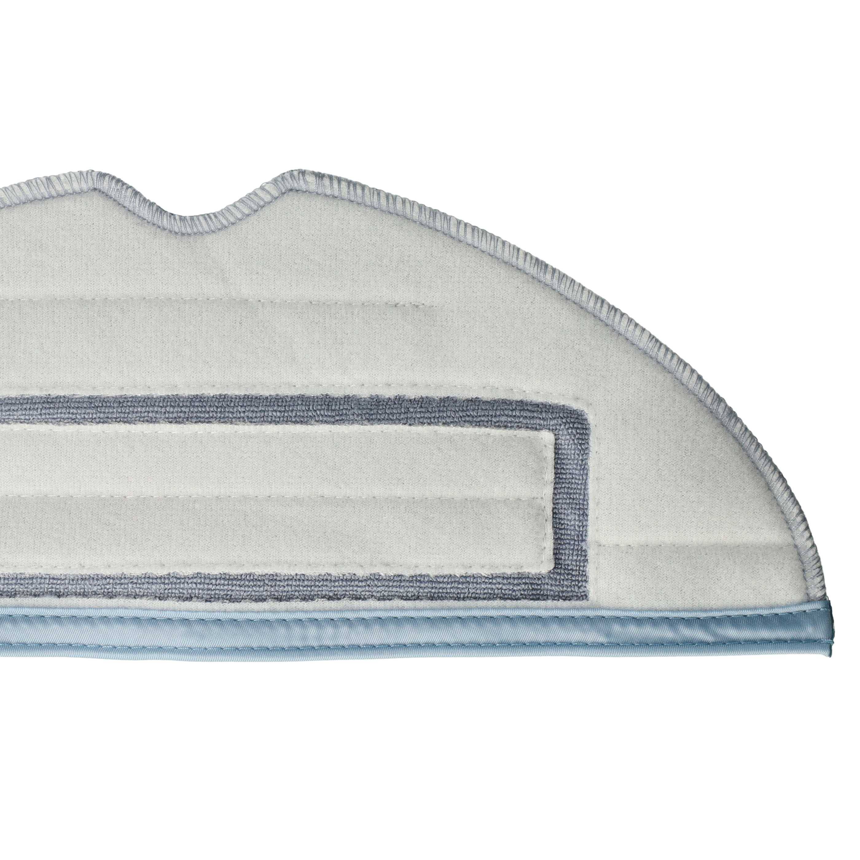Ein Nahaufnahmebild eines sichelförmigen Reinigungspads mit weißen und hellblauen Stoffabschnitten, das für die Verwendung mit einem Wischgerät konzipiert ist.