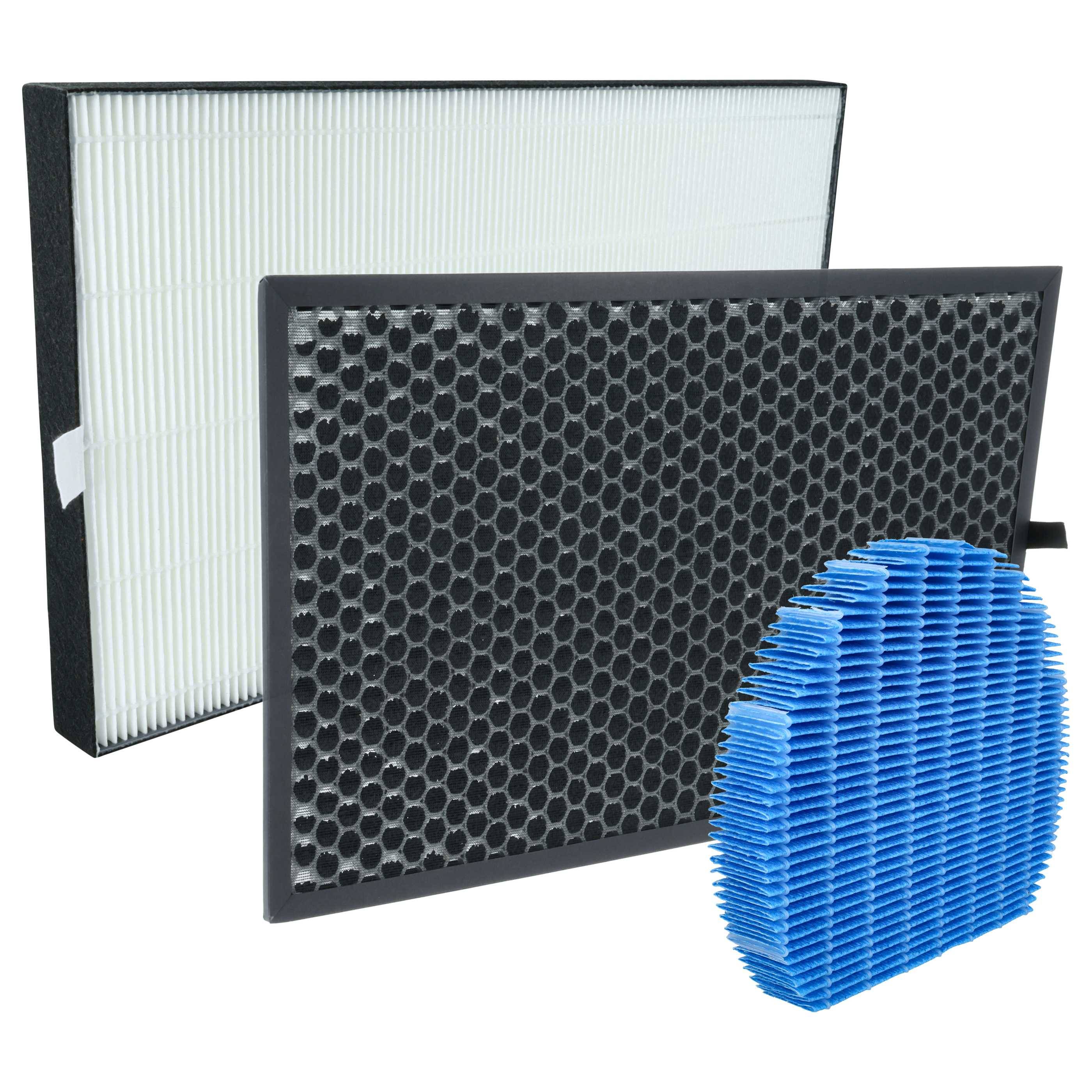 Drei Luftreiniger-Filter: ein weißer gefalteter Filter, ein schwarz gemusterter Wabenfilter und ein blauer zylindrischer Filter, der für Schadstoffe konzipiert ist.