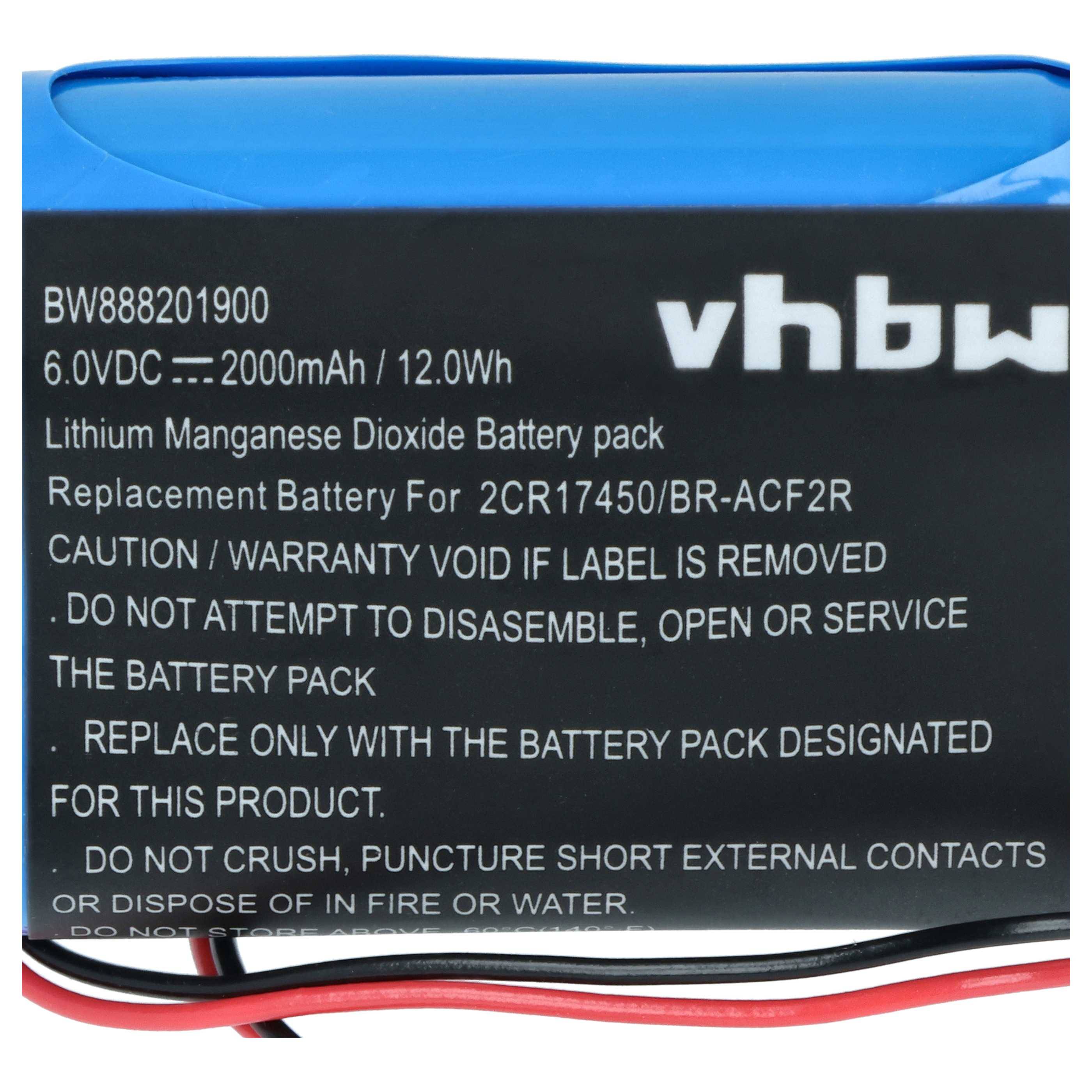 Nahaufnahme eines Etiketts eines wiederaufladbaren Lithium-Mangandioxid-Batteriepacks mit Angaben von 6,0 VDC, 2000 mAh, 12,0 Wh und Sicherheitswarnungen.