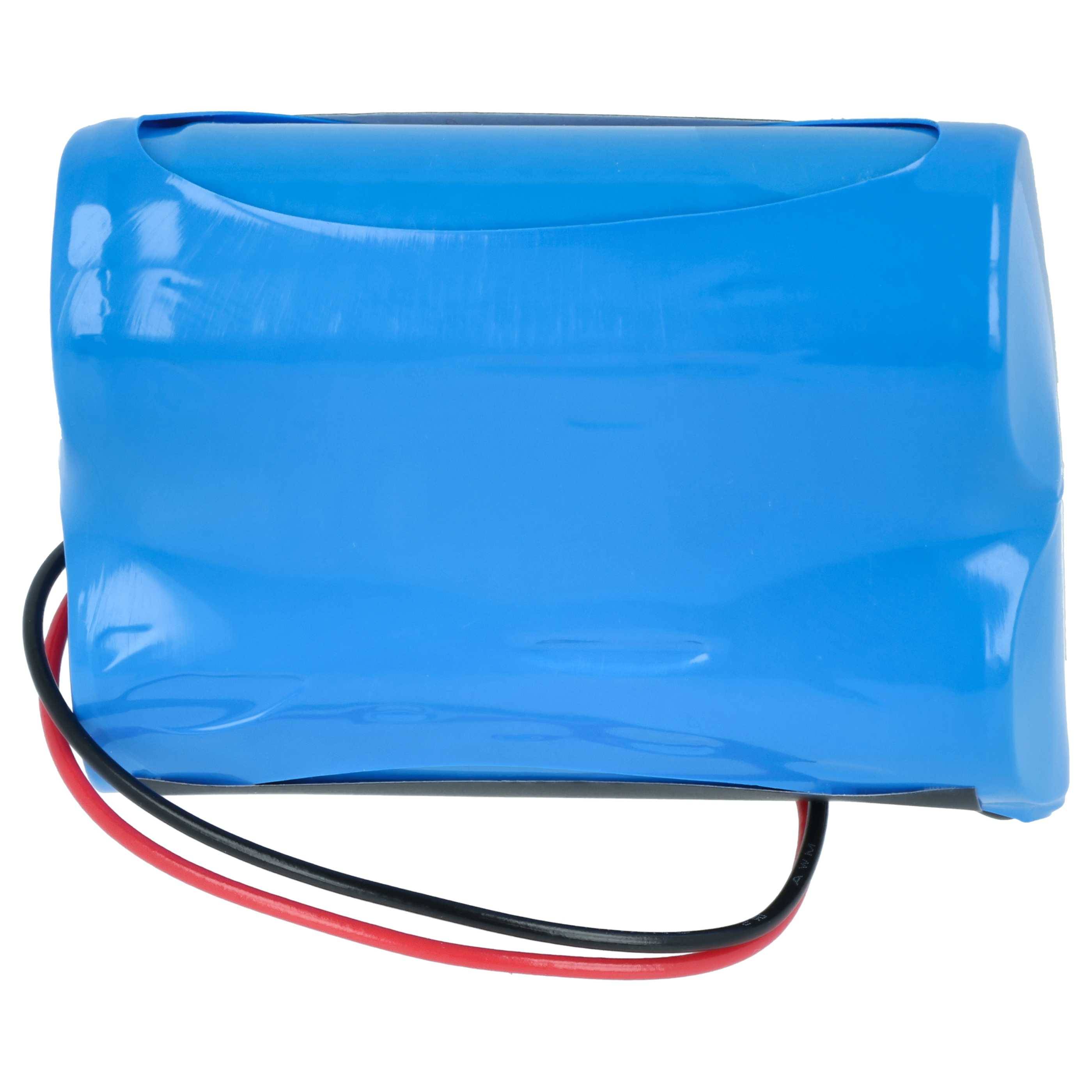 Ein blauiges rechteckiges Batteriepaket mit roten und schwarzen Drähten, die von einem Ende abgehen.