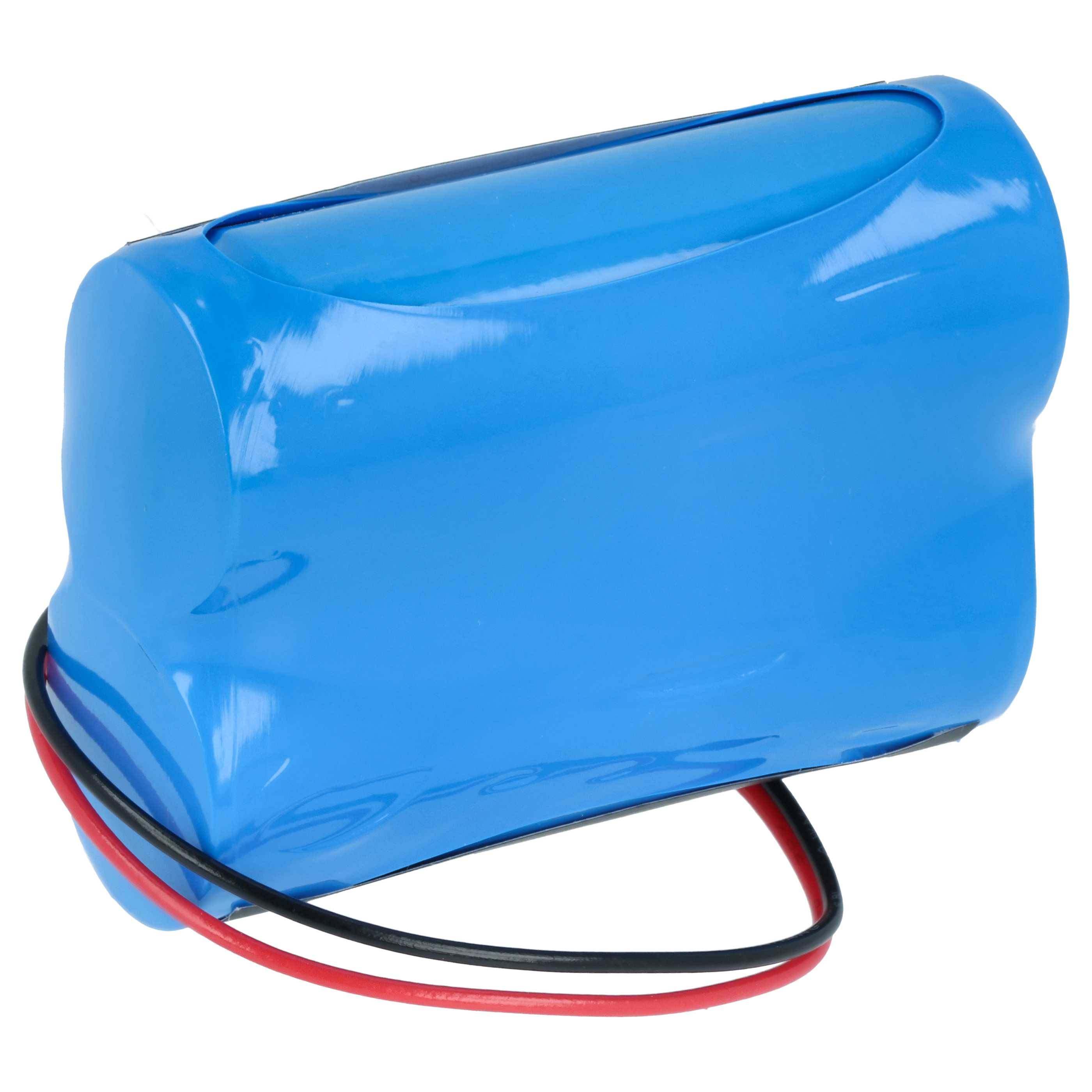 Ein blauer, rechteckiger Lithium-Ionen-Akku mit schwarzen und roten Drähten, die an einem Ende herausragen.