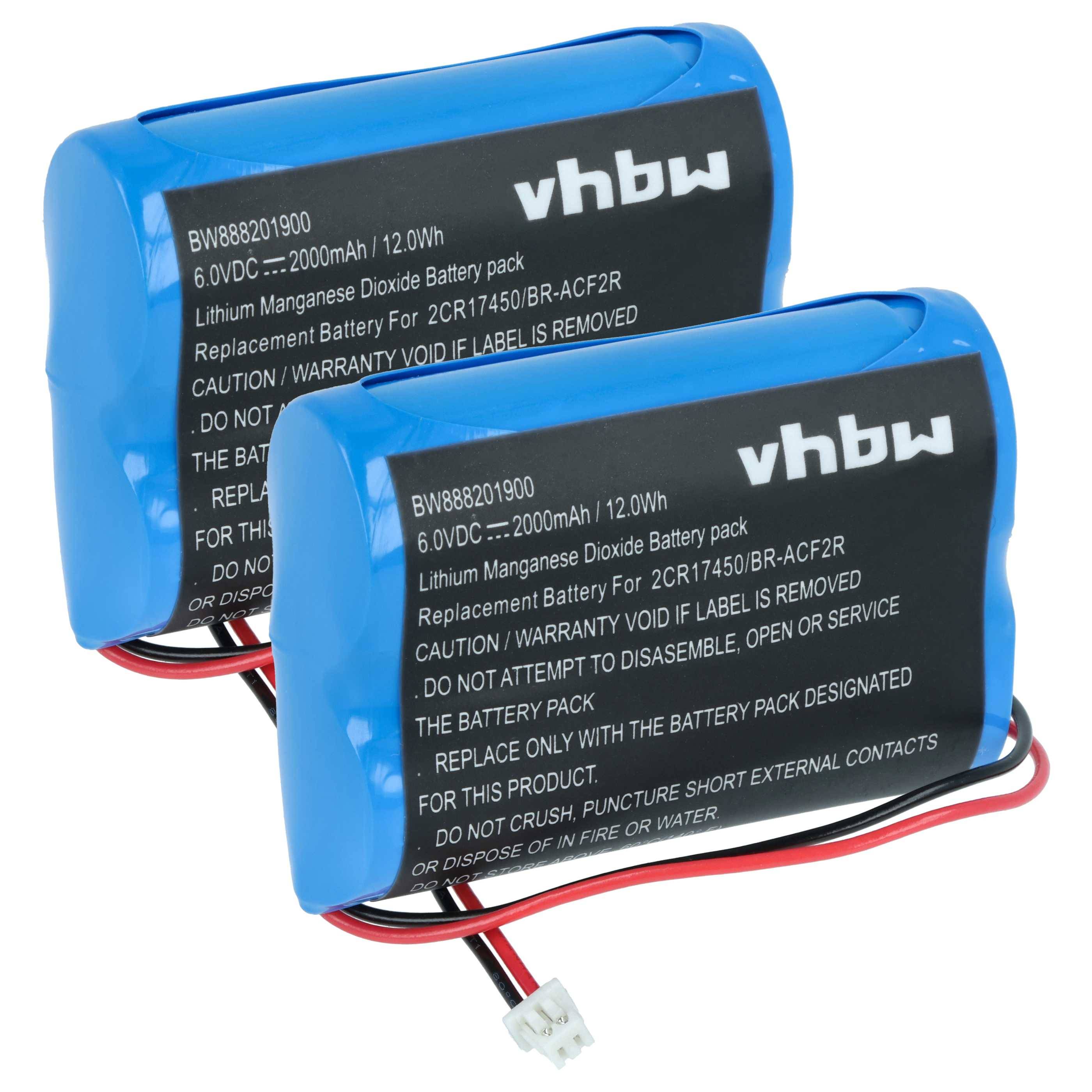 Zwei blaue VHBW wiederaufladbare Batteriesätze mit angebrachten rot/schwarzen Drähten und weißem Anschluss, auf weißem Hintergrund dargestellt.