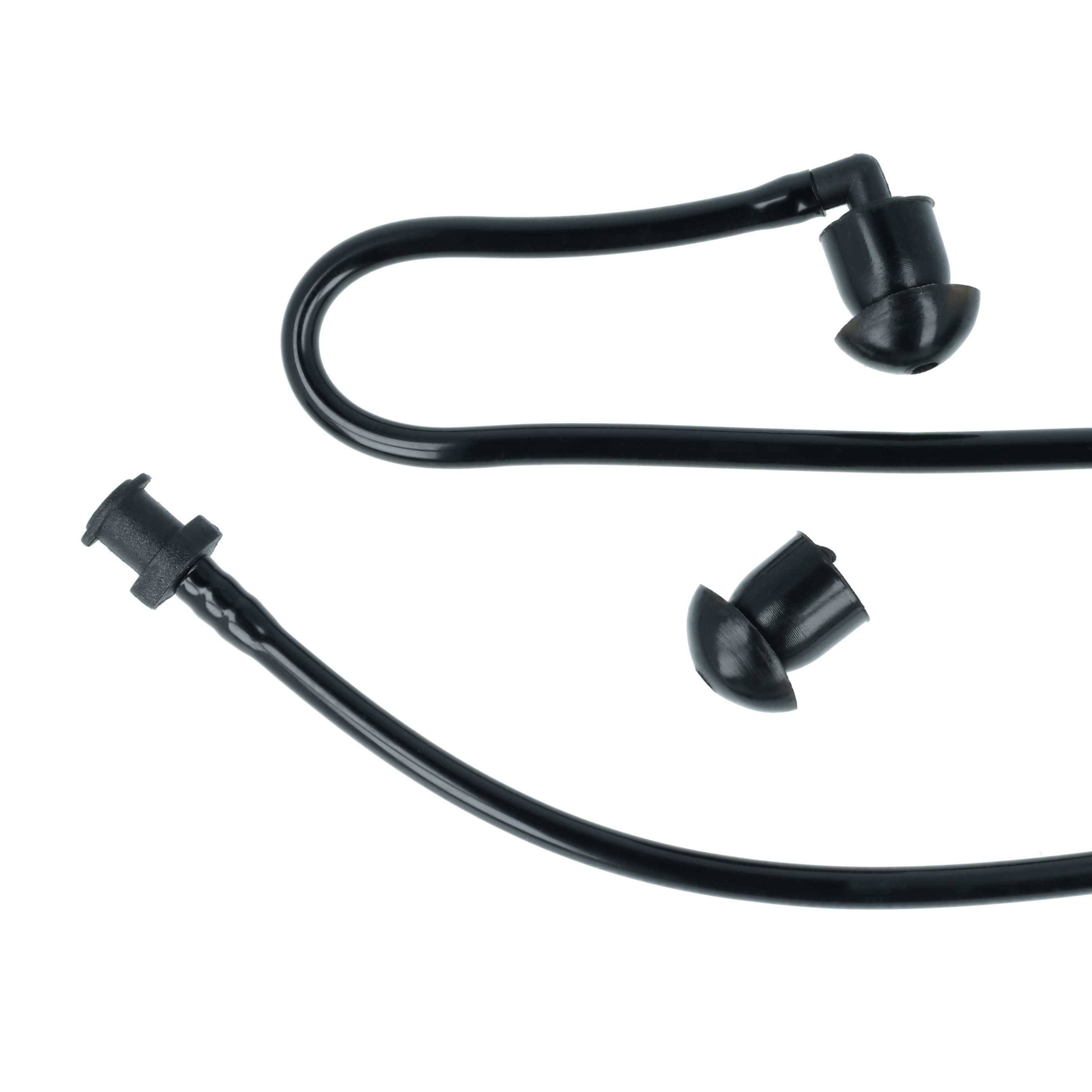 Ein schwarzes Stethoskop-Ohrstück und Schlauchset, bestehend aus zwei Ohrstöpseln und einem Membranaufsatz.