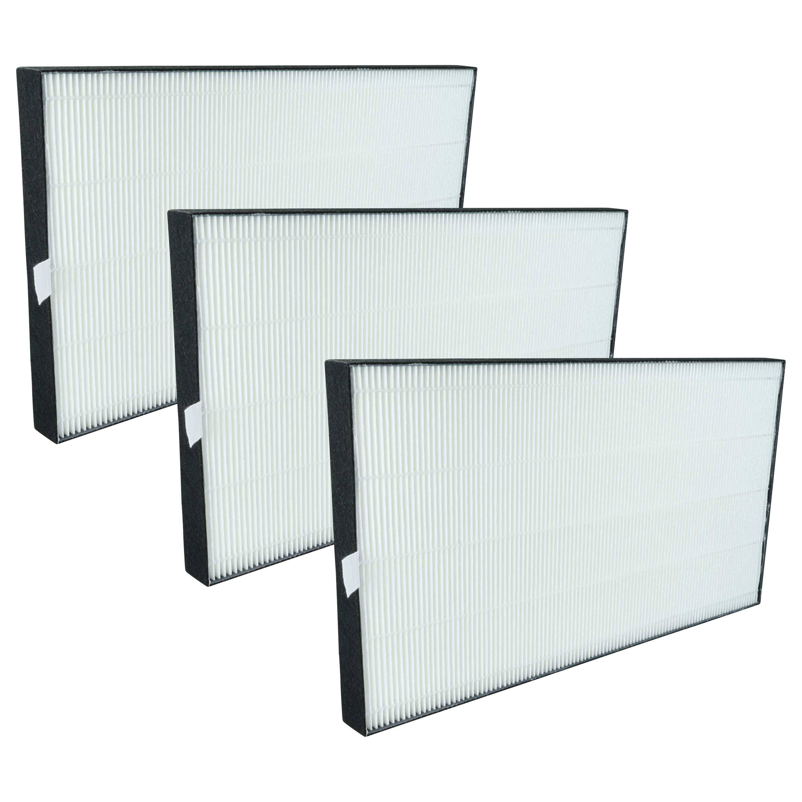 Drei rechteckige Luftfilter mit weißen gefalteten Oberflächen und schwarzen Kanten, dargestellt in einer gestaffelten Anordnung.