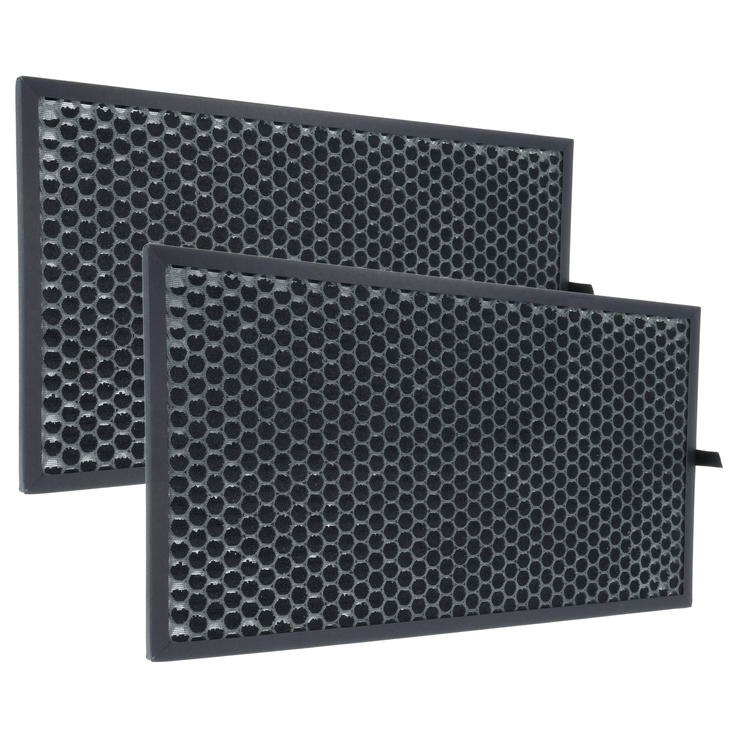 Zwei nach einem Wabenmuster gestaltete rechteckige Luftfilter, nebeneinander dargestellt, entwickelt zur Filterung in Haushaltsgeräten oder Lüftungssystemen.