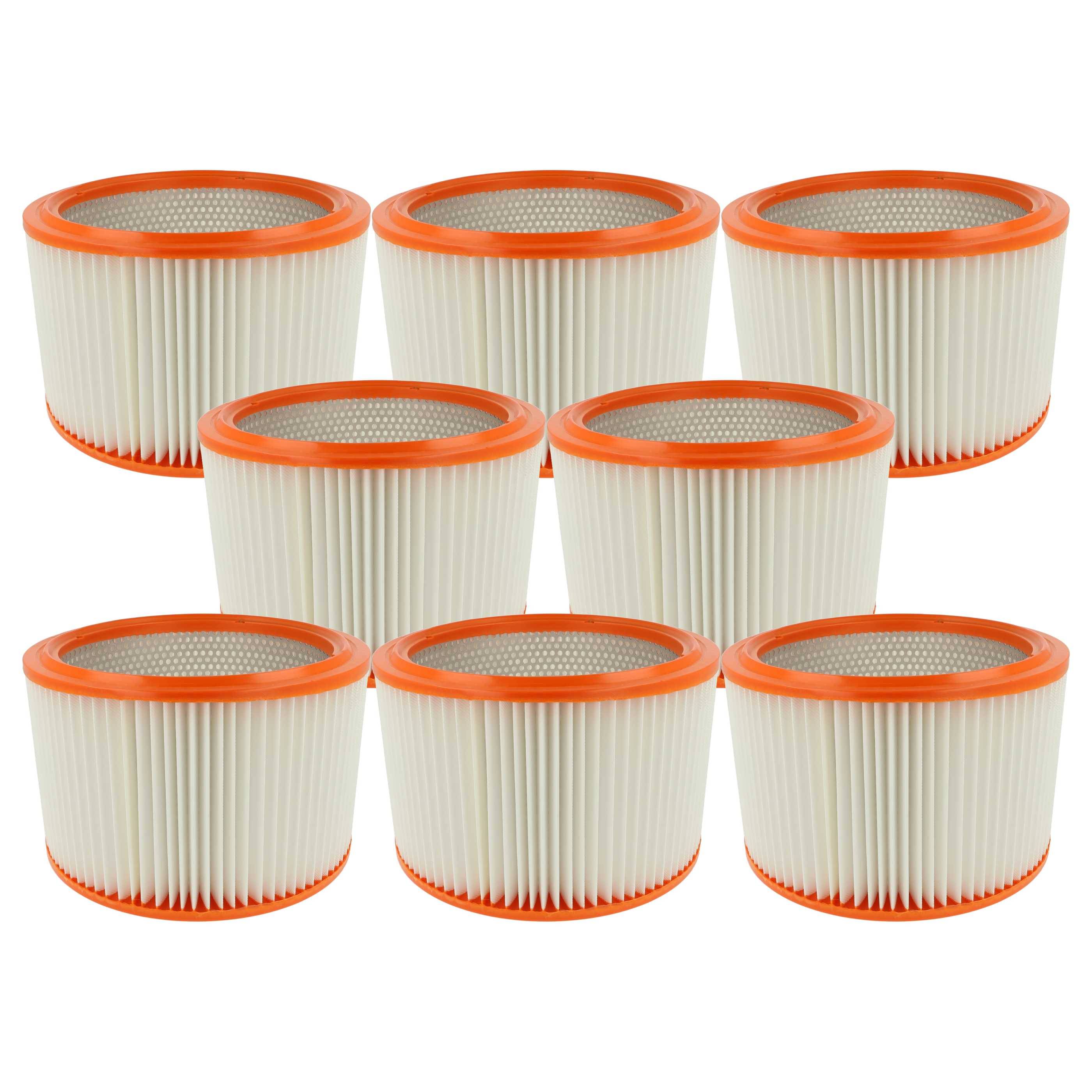 Acht zylindrische Luftfilter mit orangefarbenen Rändern, die in zwei Reihen angeordnet sind.